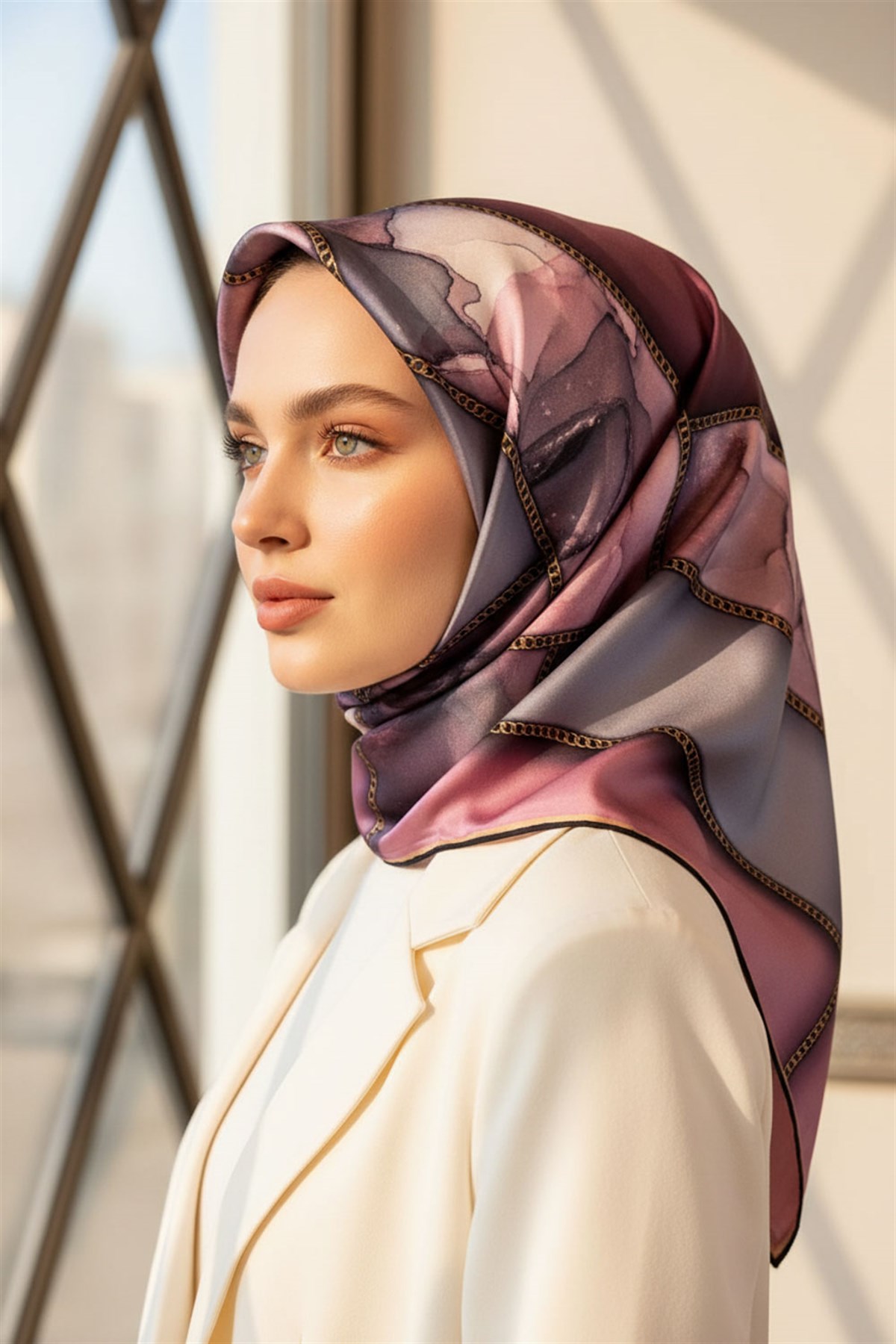 % 57 İPEK % 43 VİSKON Twill İpek Efektli Bant Desenli Lila - Gri Renkli 90x90 Eşarp Dikim Şekli : El Dikişi