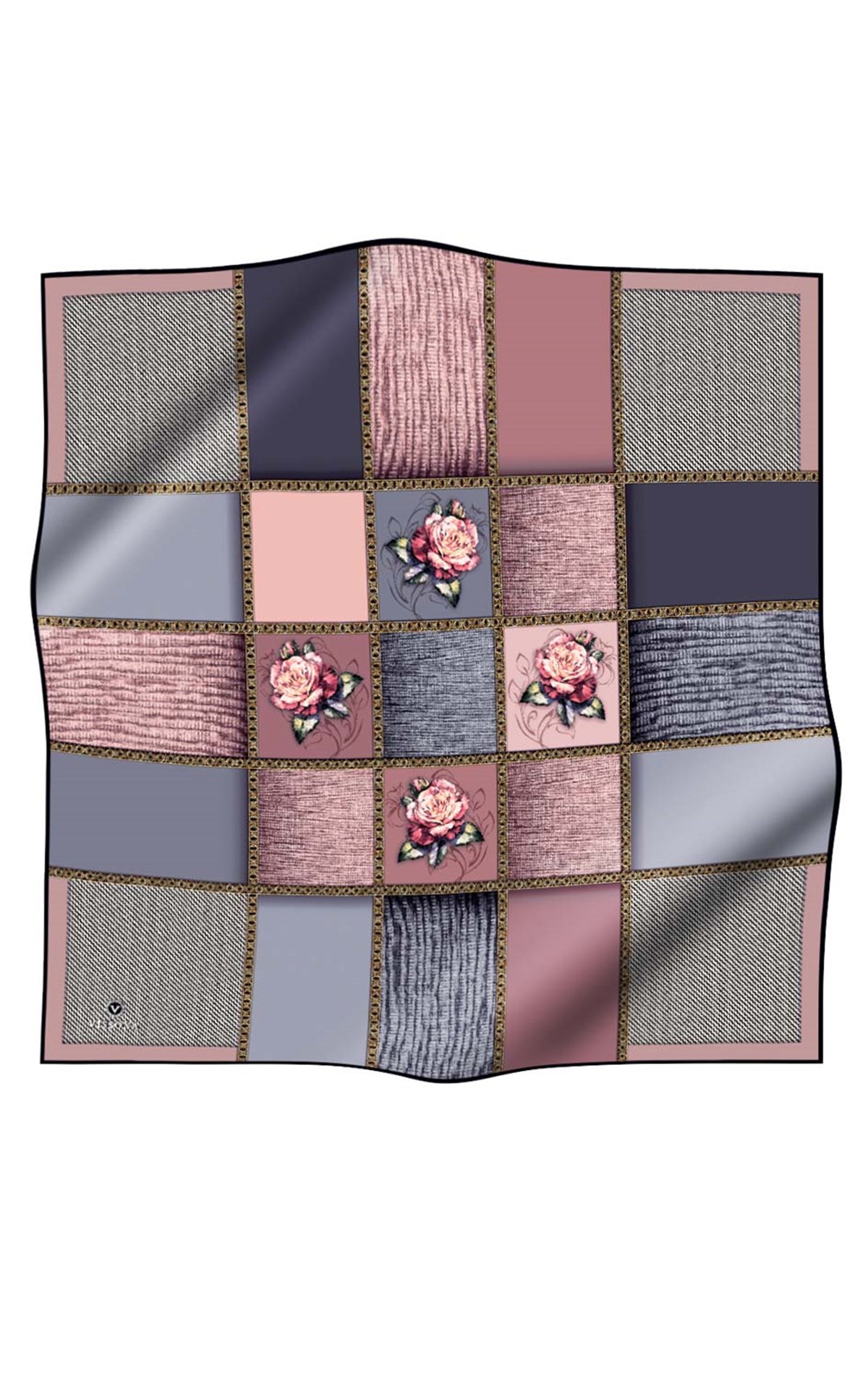 %100 Twill İpek Dokulu Çiçekli Ve Geometrik Desenli Pudra - Gri Renkli 90x90 Eşarp Dikim Şekli : El Dikişi