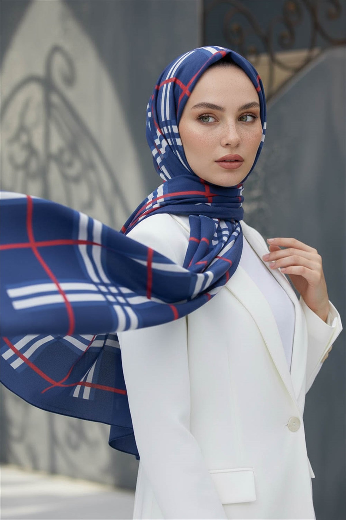 Krep Şal 75x195 Lacivert Ekose Desenli Kırışmaz Kadın Şal