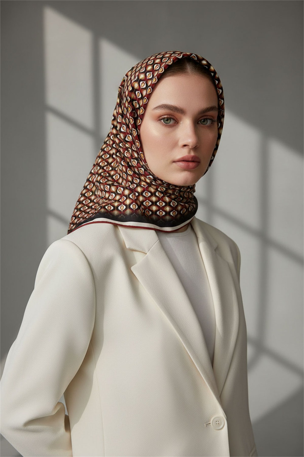 Twill Çıtır Desenli Bordo Renkli 90x90 Eşarp (İpek İçermez) Kenar Dikiş Şekli El Dikişli