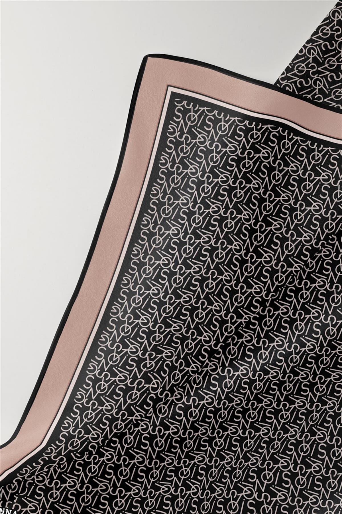 %100 Twill İpek Harf Desenli Siyah - Vizon Renkli 90x90 Eşarp Dikim Şekli : El Dikişi