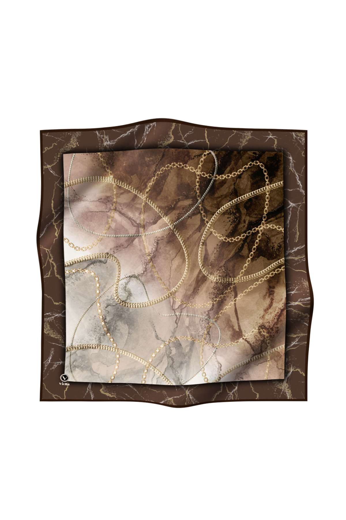 Twill Mermer ve Zincir Desenli Vizon Renkli 90x90 Eşarp (İpek İçermez) Kenar Dikiş Şekli El Dikişli