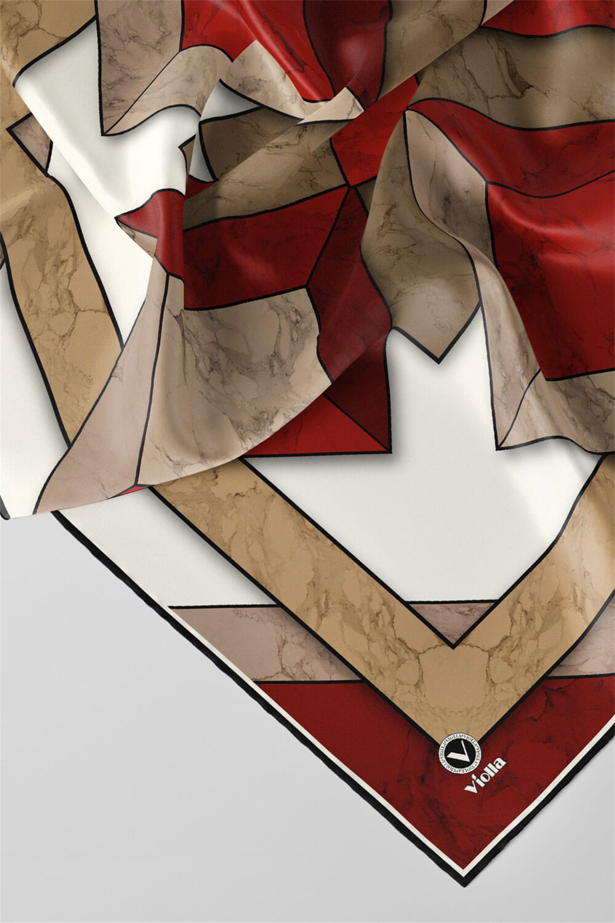Twill Mermer Desenli Bordo - Bej Renkli 90x90 Eşarp (İpek İçermez) Kenar Dikiş Şekli El Dikişli