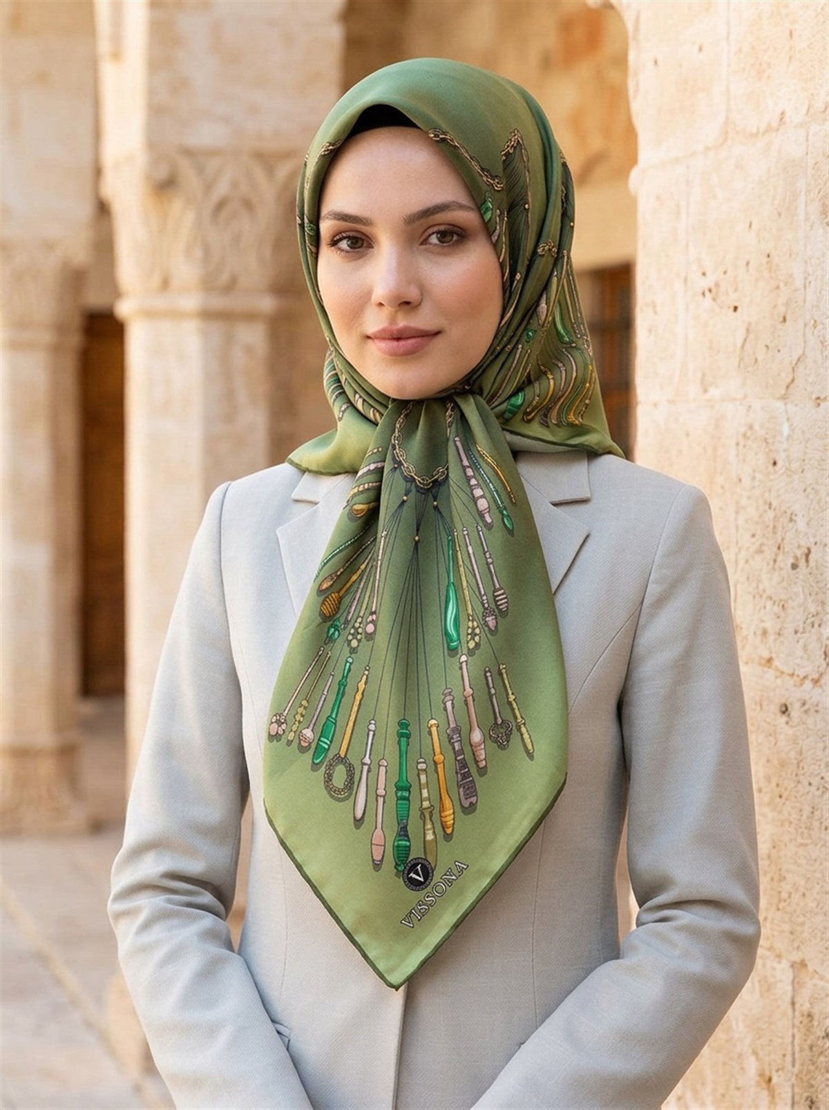%100 Twill İpek Zincir Desenli Haki Renkli 90x90 Eşarp Dikim Şekli : El Dikişi