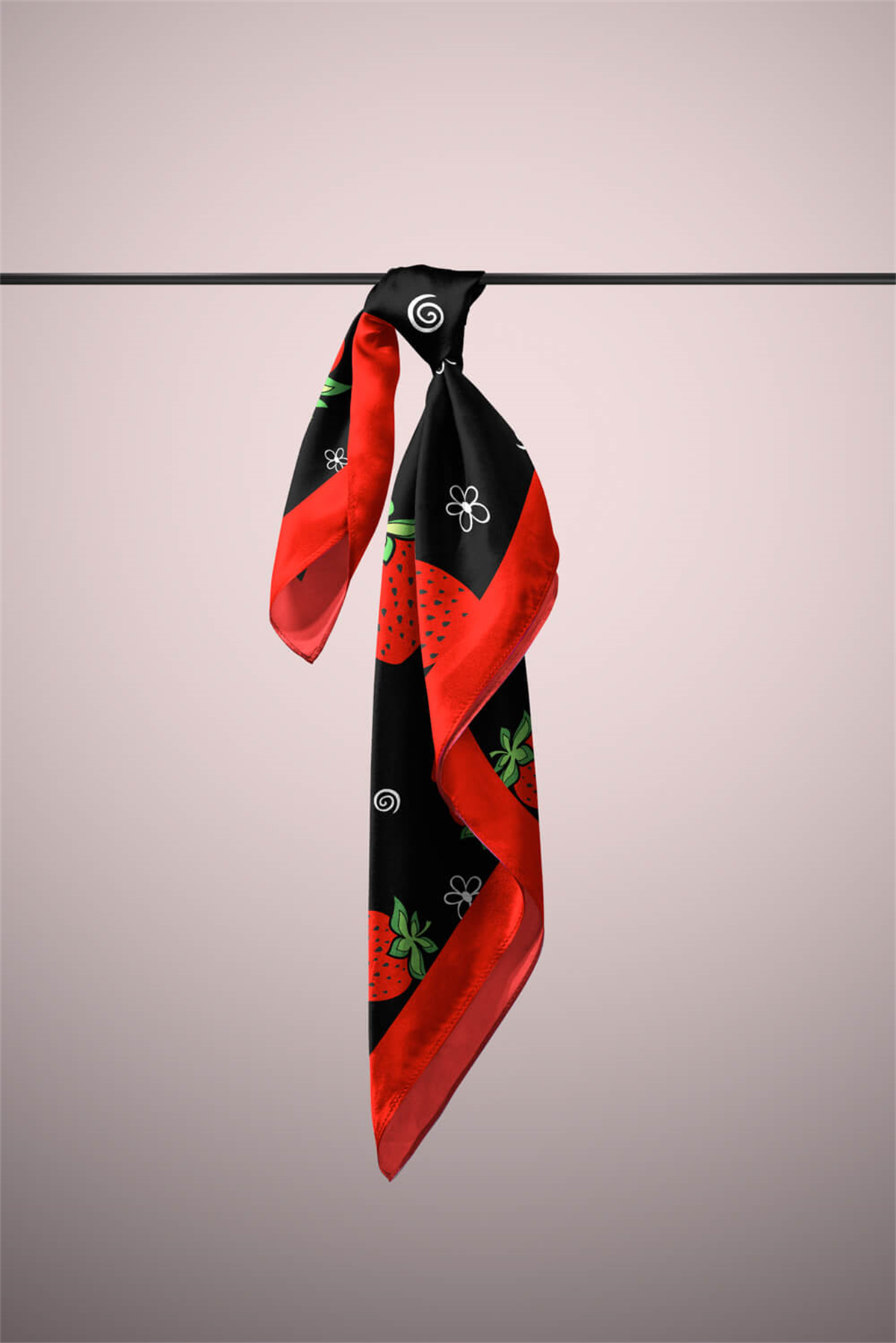 Kadın Çilek Desenli Bandana 50x50 Kırmızı Siyah DG0264-22