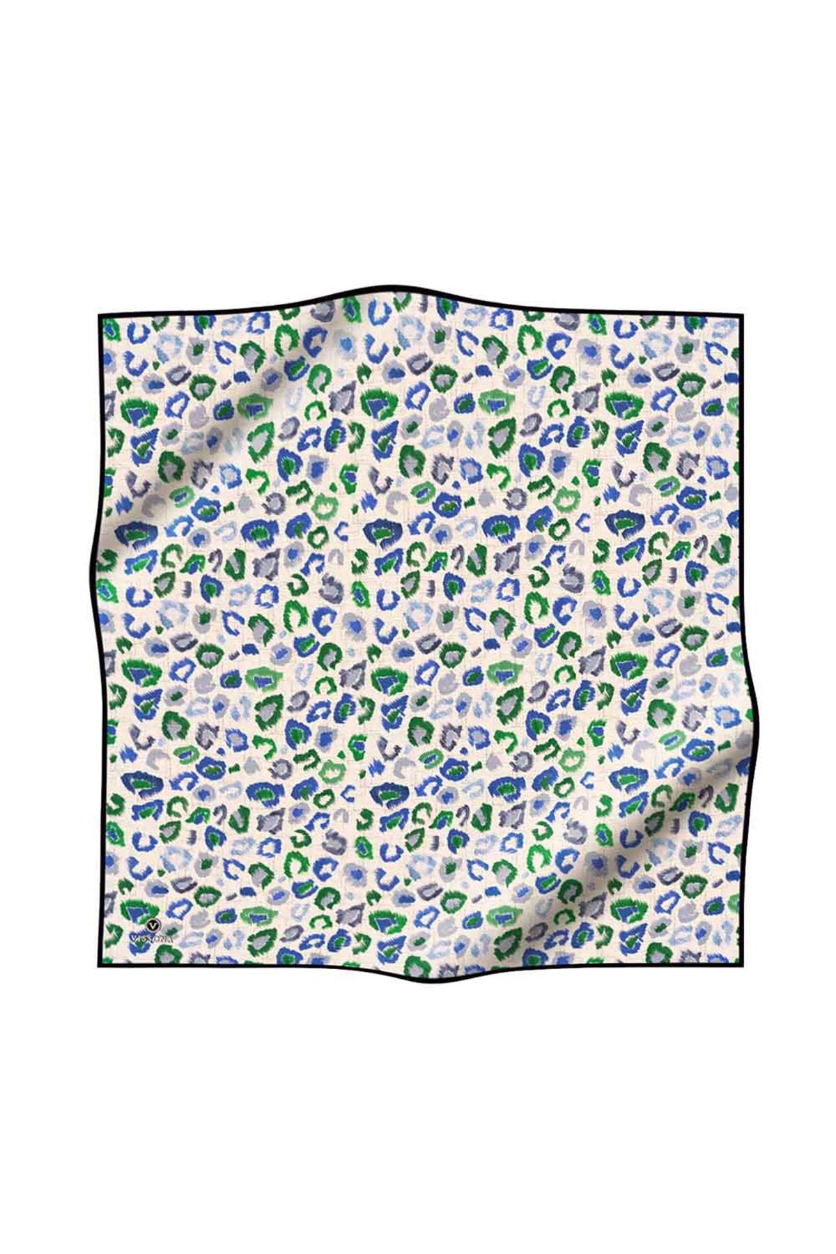 %100 Twill İpek Renkli Leopari Desenli Saks Mavisi - Zümrüt Yeşili Renkli 90x90 Eşarp Kenar Dikiş Şekli El Dikişli