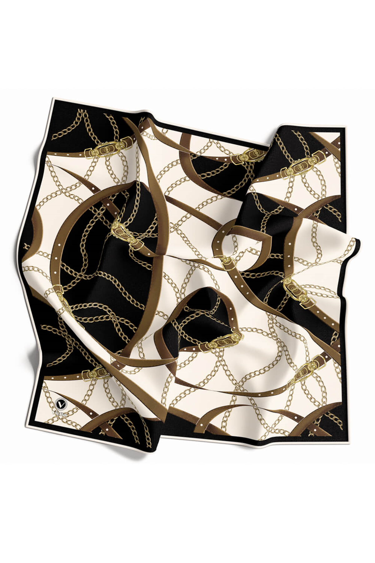 Twill Kemer ve Zincir Desenli Siyah Renkli 90x90 Eşarp (İpek İçermez) Kenar Dikiş Şekli El Dikişli
