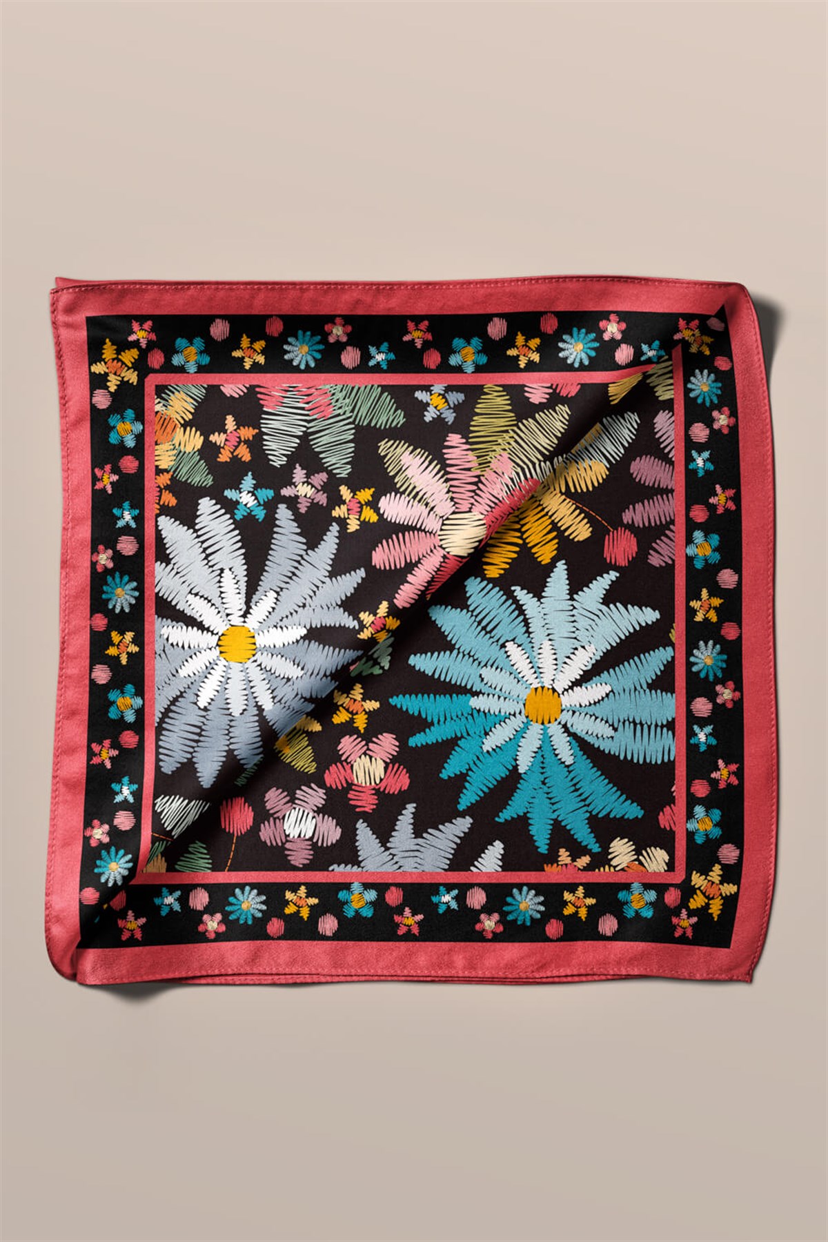 %100 İpek Nakış Çiçek Desenli Kadın Bandana