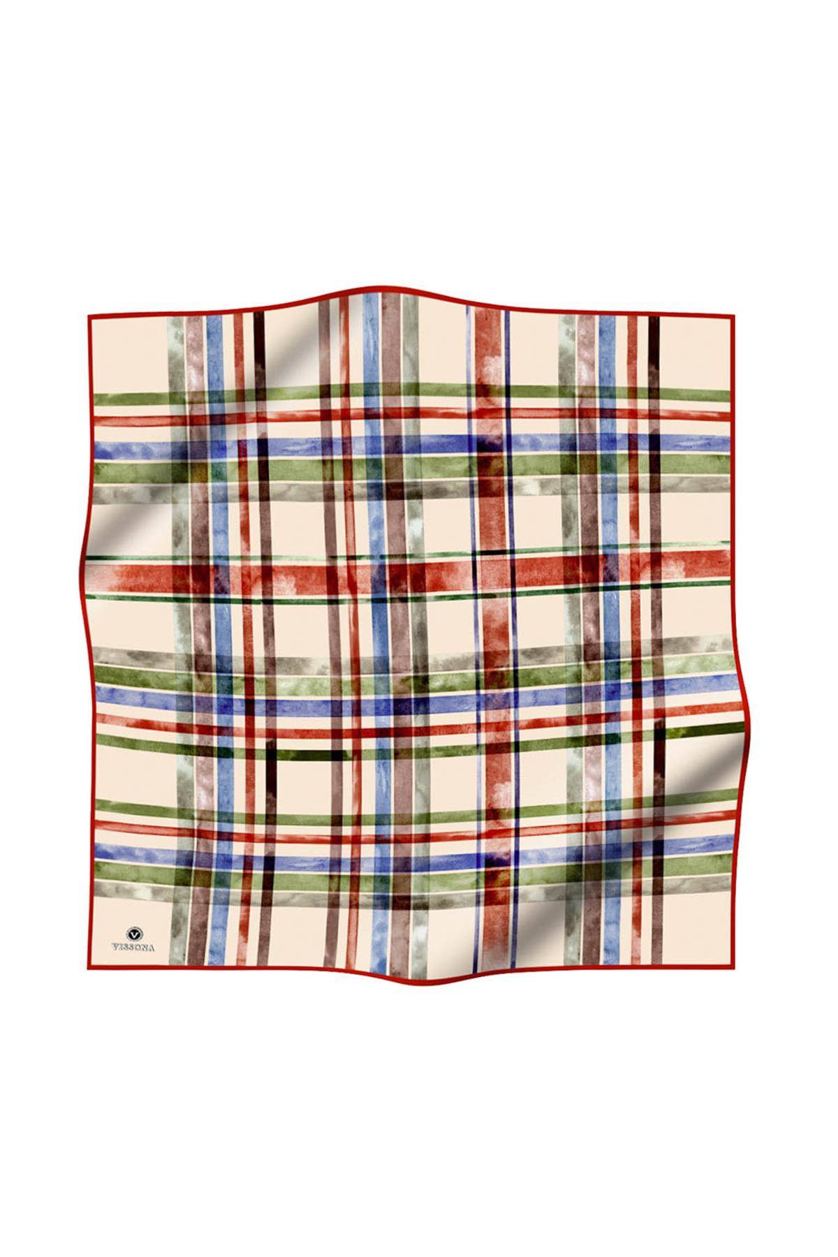 %100 Twill İpek Ekose Desenli Taba - Haki Renkli 90x90 Eşarp Kenar Dikiş Şekli El Dikişli