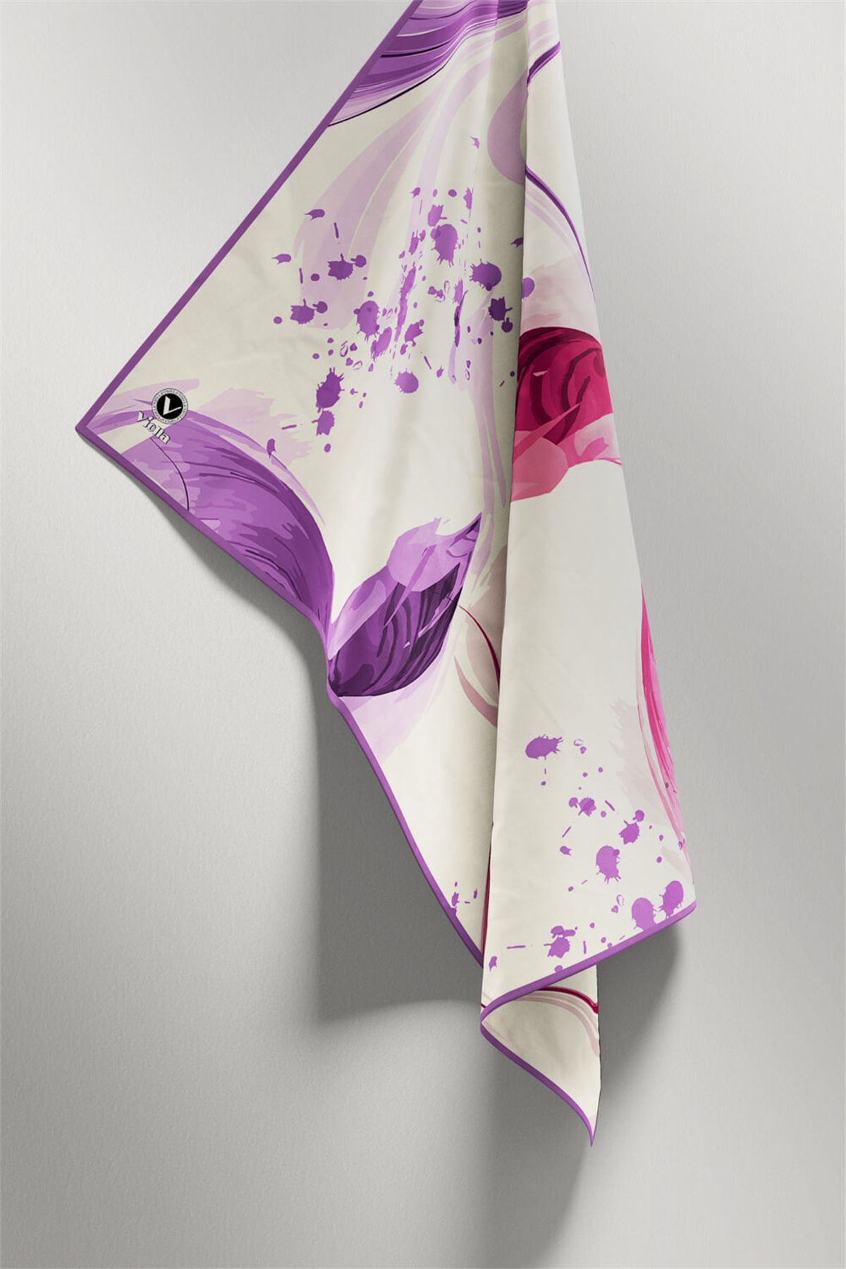 Twill Dalga Desenli Lila Renkli 90x90 Eşarp (İpek İçermez) Kenar Dikiş Şekli El Dikişli