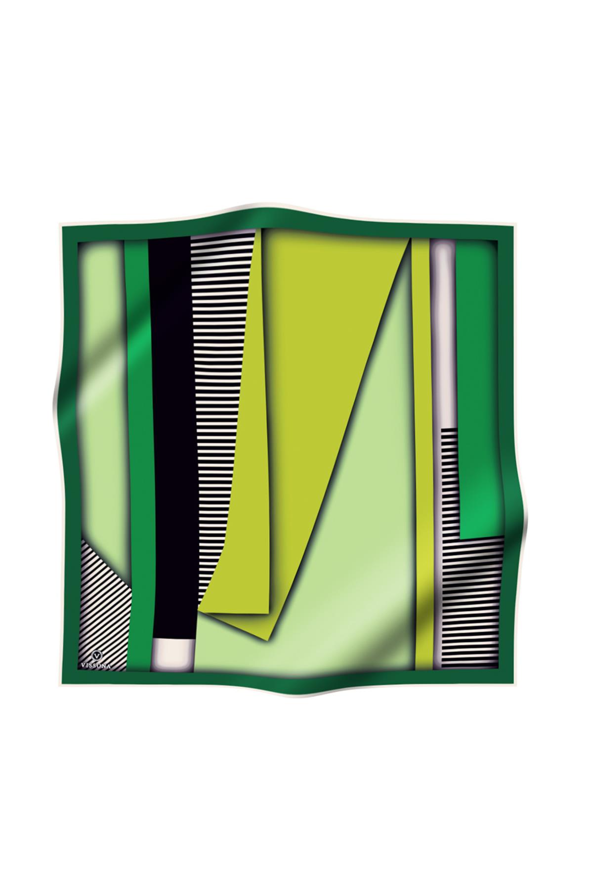 %100 Twill Renk Bloklu Çizgili Desenli Haki Yeşili - Zümrüt Yeşili Renkli 90x90 Eşarp Dikim Şekli: El Dikişii