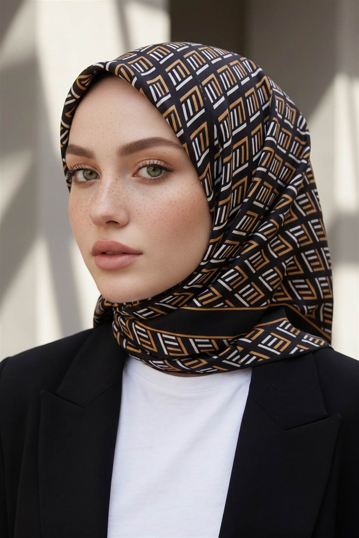 %100 Twill İpek Geometrik Desenli Siyah - Gold Renkli 90x90 Eşarp Dikim Şekli : El Dikişi