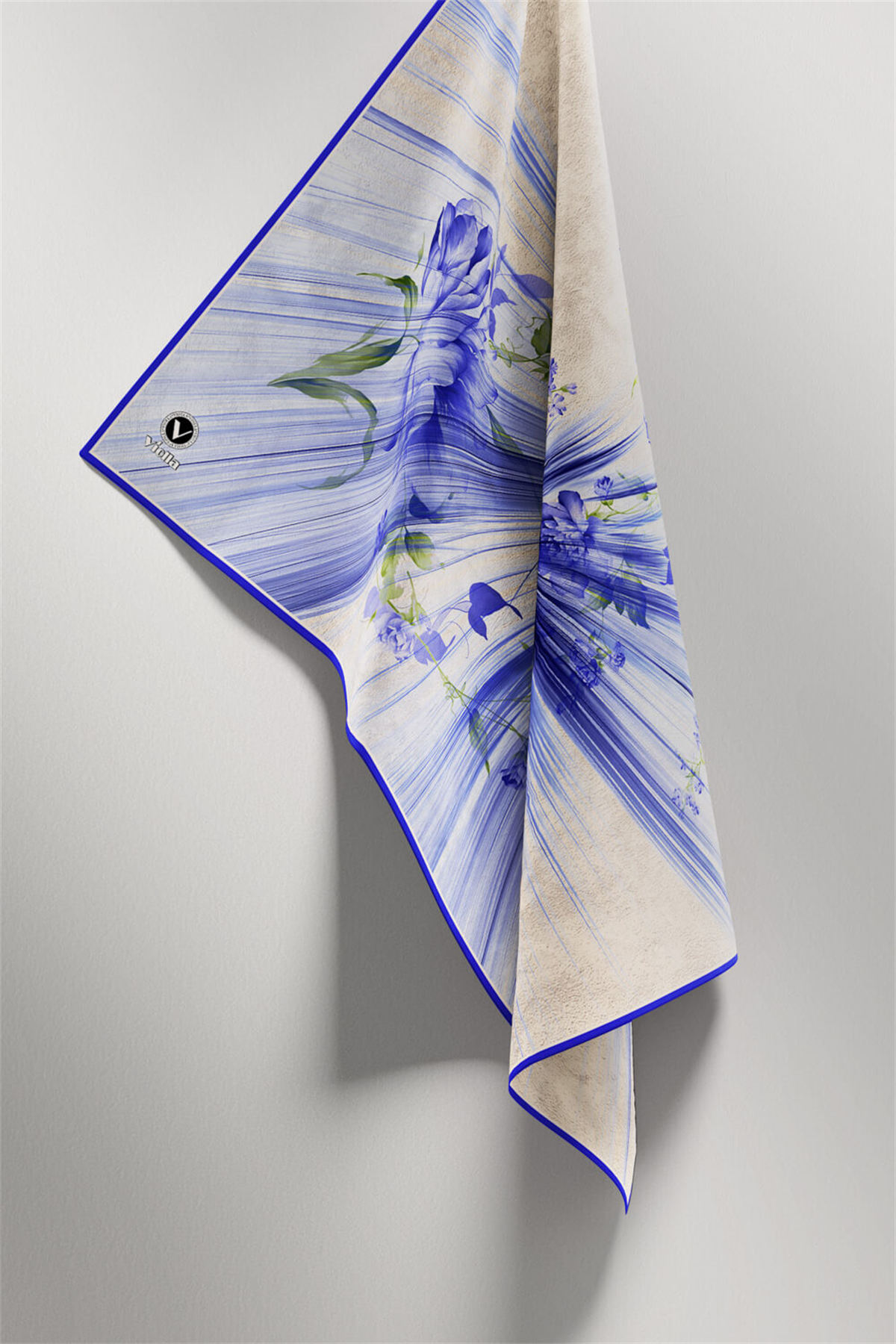 Twill Çiçekli Desenli Saks Renkli 90x90 Eşarp (İpek İçermez) Kenar Dikiş Şekli El Dikişli