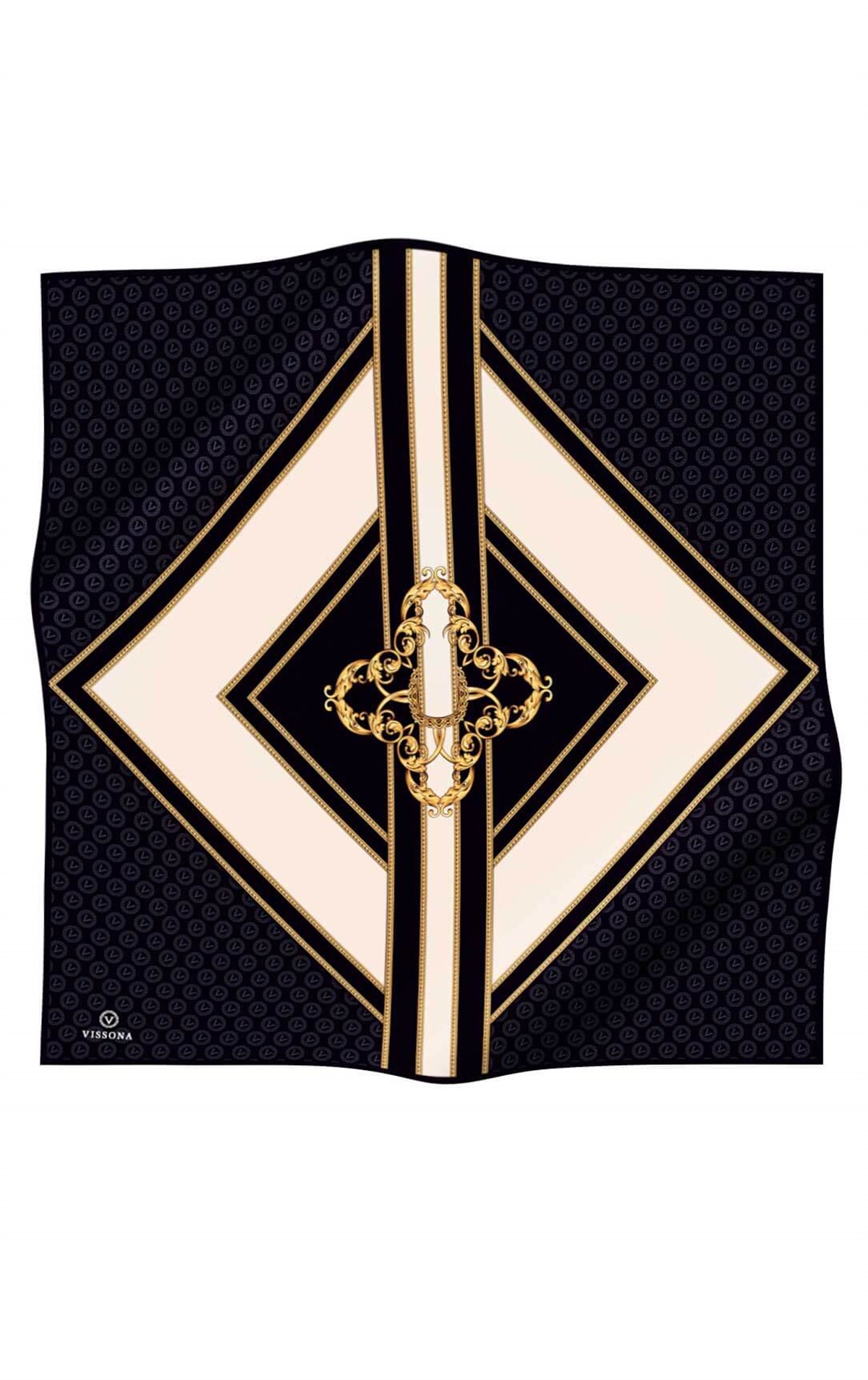 %100 Twill İpek Monogram ve Barok Desenli Siyah - Krem Renkli 90x90 Eşarp Dikim Şekli : El Dikişi