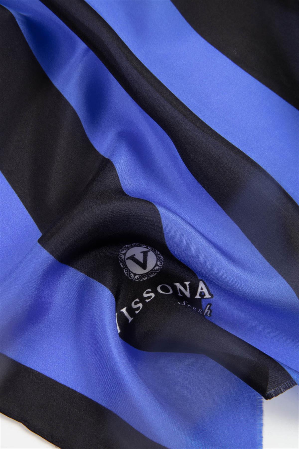 %100 İpek Şerit Ve Varak Desenli Bebe Mavisi - Siyah Renkli 92x210 Şal