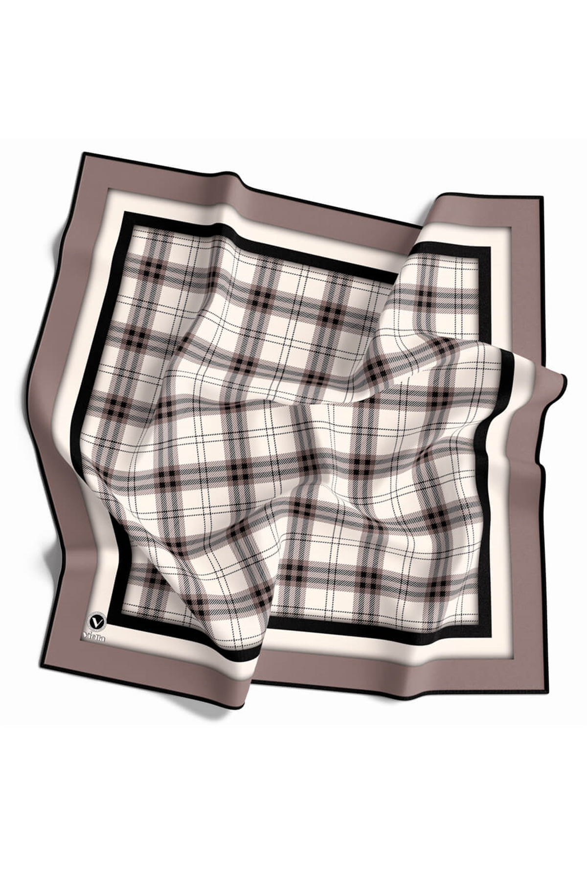 Twill Ekose Desenli Bej Renkli 90x90 Eşarp (İpek İçermez) Kenar Dikiş Şekli El Dikişli