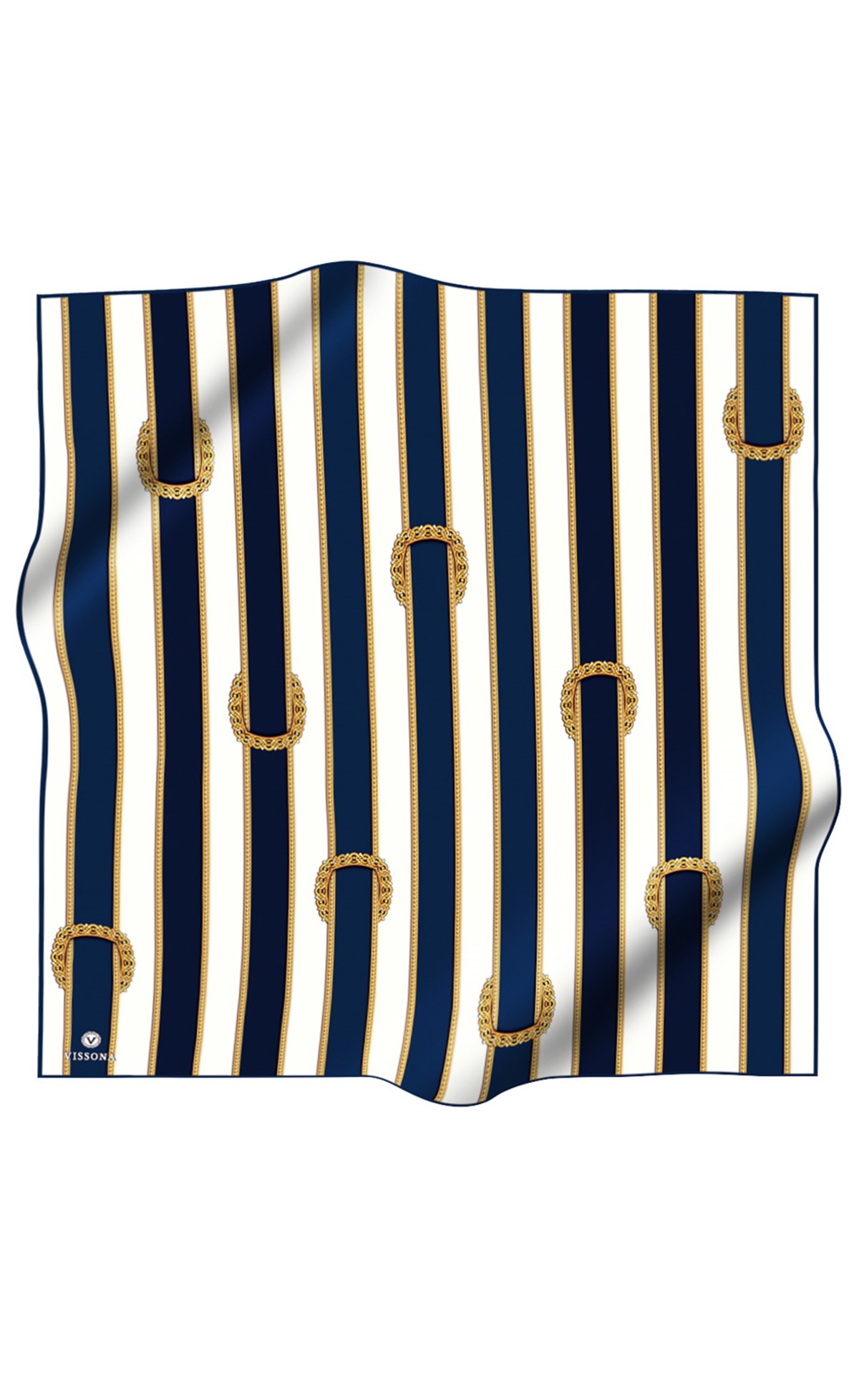 %100 Twill İpek Kemer Desenli Lacivert - Krem Renkli 90x90 Eşarp Dikim Şekli : El Dikişi