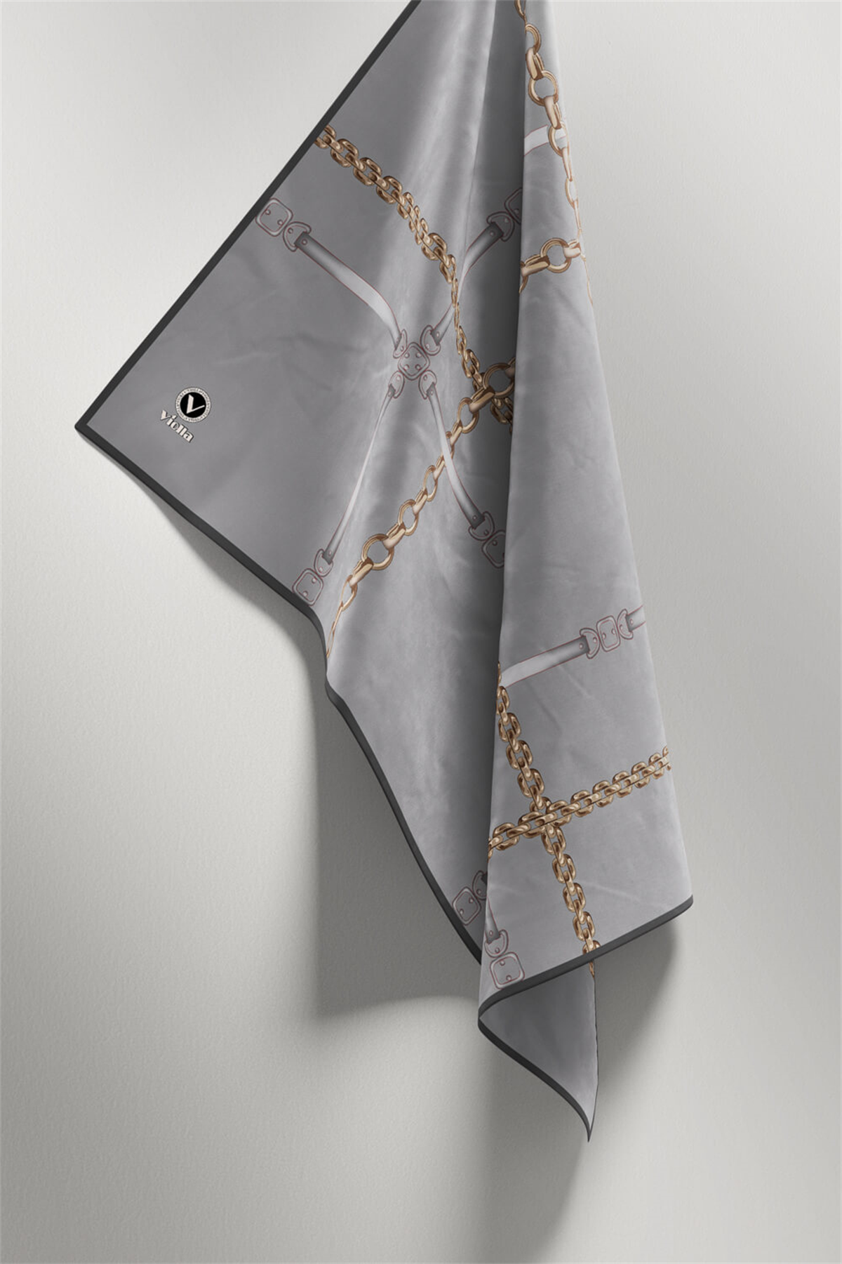 Twill Zincir ve Kemer Desenli Gri Renkli 90x90 Eşarp (İpek İçermez) Kenar Dikiş Şekli El Dikişli