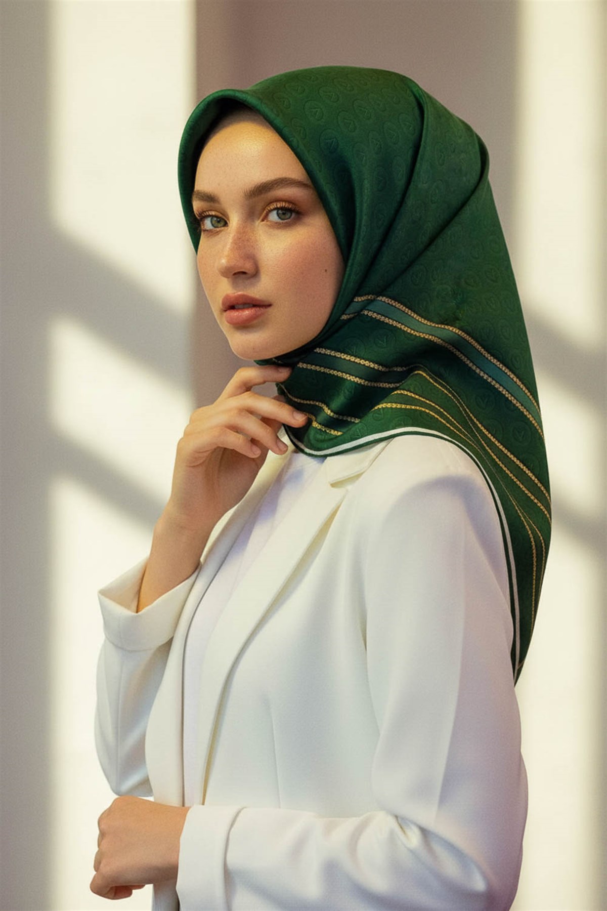 %100 Twill İpek Monogram Desenli Zümrüt Yeşili - Mint Yeşili Renkli 90x90 Eşarp Dikim Şekli : El Dikişi
