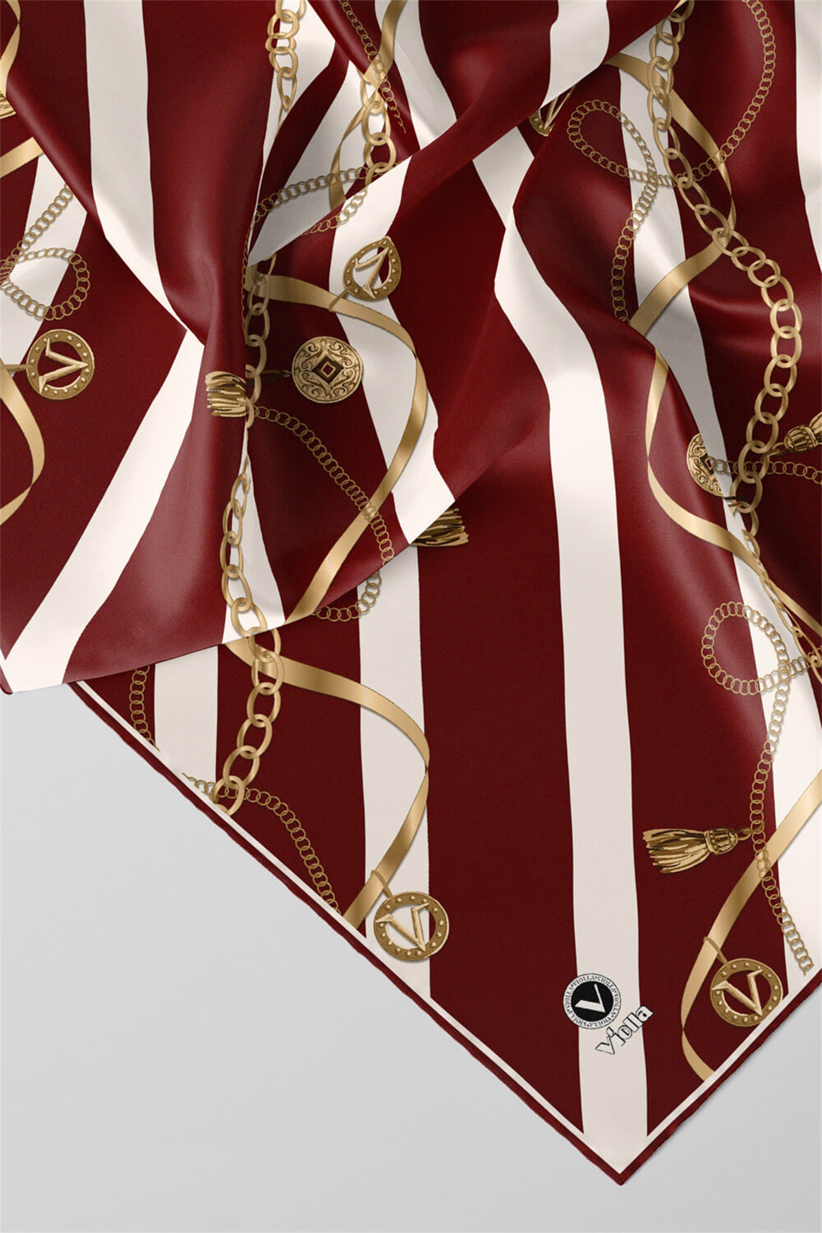 Twill Çizgili Kemer ve Zinci Desenli Bordo Renkli 90x90 Eşarp (İpek İçermez) Kenar Dikiş Şekli El Dikişli