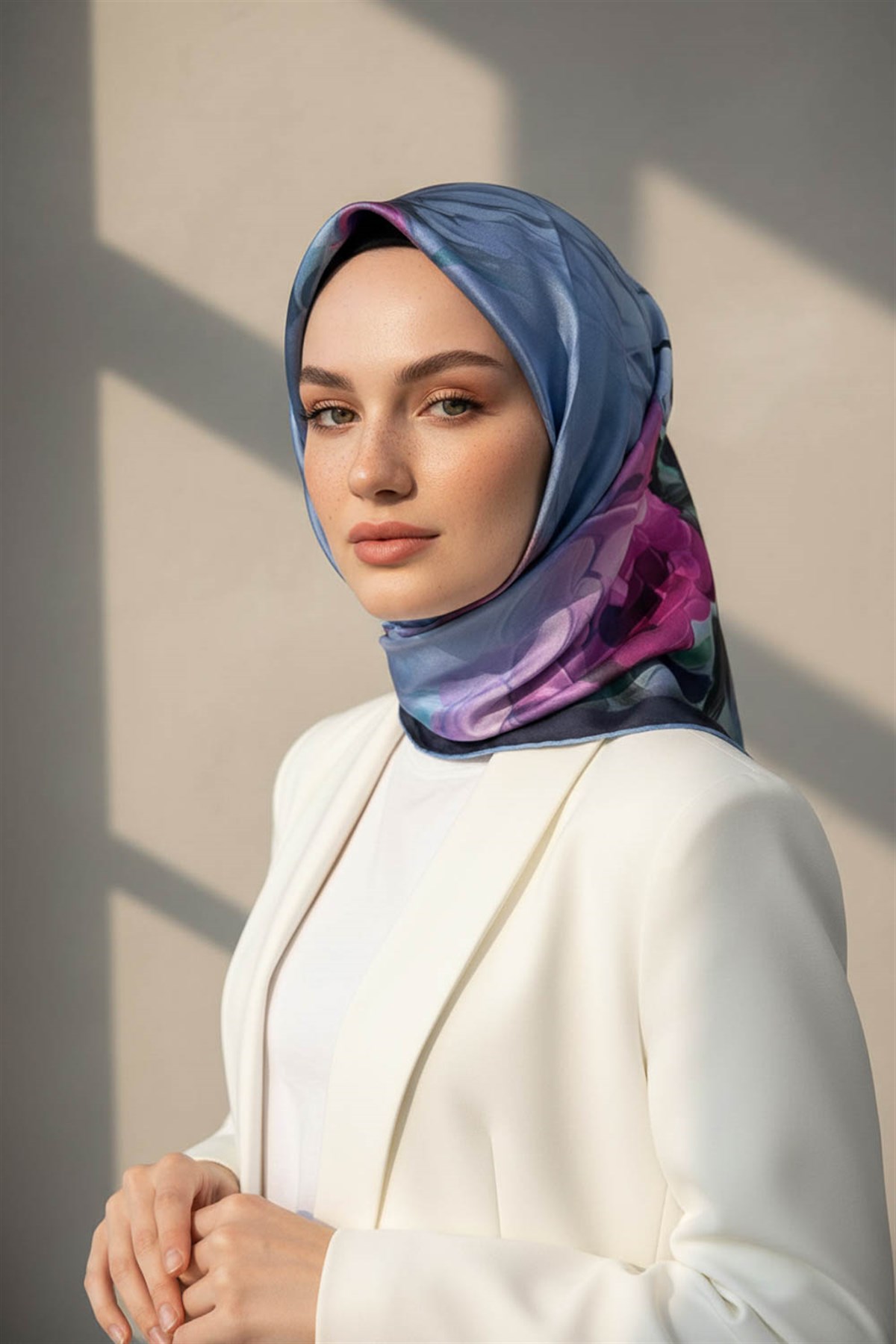 %100 Twill İpek Dumanlı Çiçek Desenli İndigo - Lacivert Renkli 90x90 Eşarp Kenar Dikiş Şekli El Dikişli