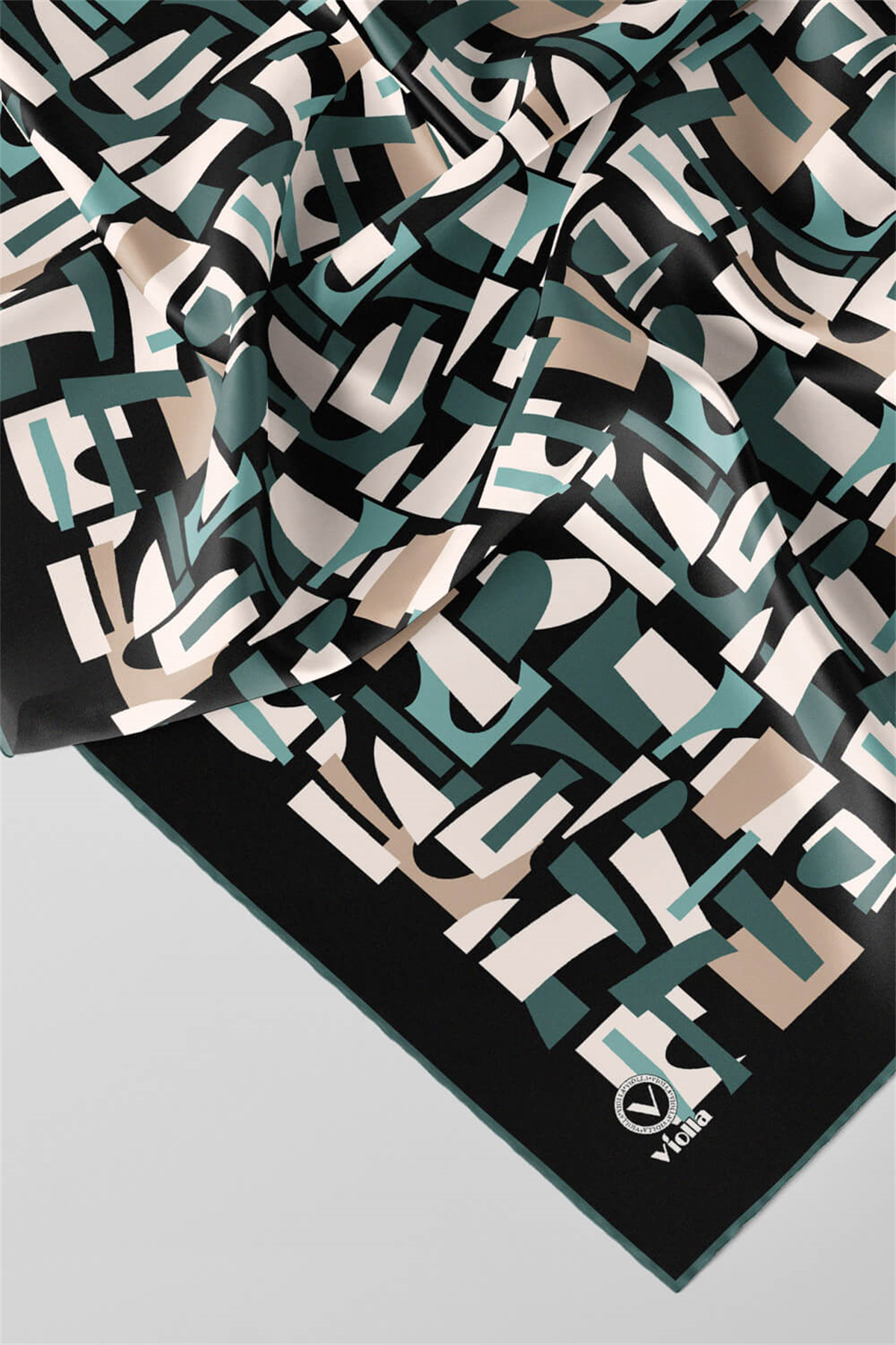 Twill Geometrik Desenli Mint Yeşili - Bej Renkli 90x90 Eşarp (İpek İçermez) Dikim Şekli : El Dikişi