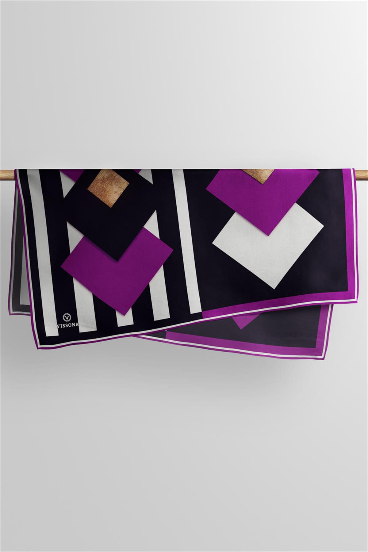 %100 Twill İpek Karo Desenli Mürdüm - Siyah Renkli 90x90 Eşarp Dikim Şekli : El Dikişi