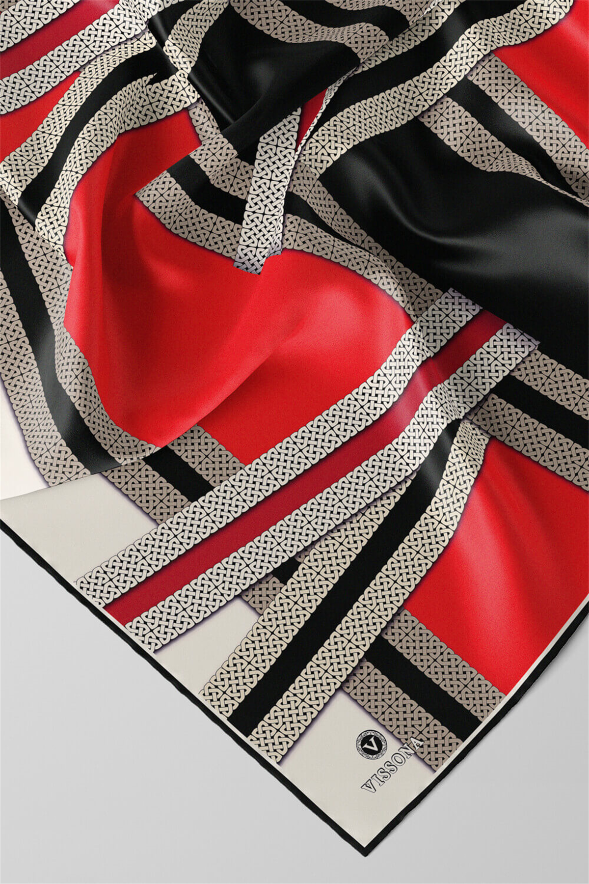 %100 Twill İpek Geometrik Desenli Siyah - Kırmızı Renkli 90x90 Eşarp Dikim Şekli : El Dikişi