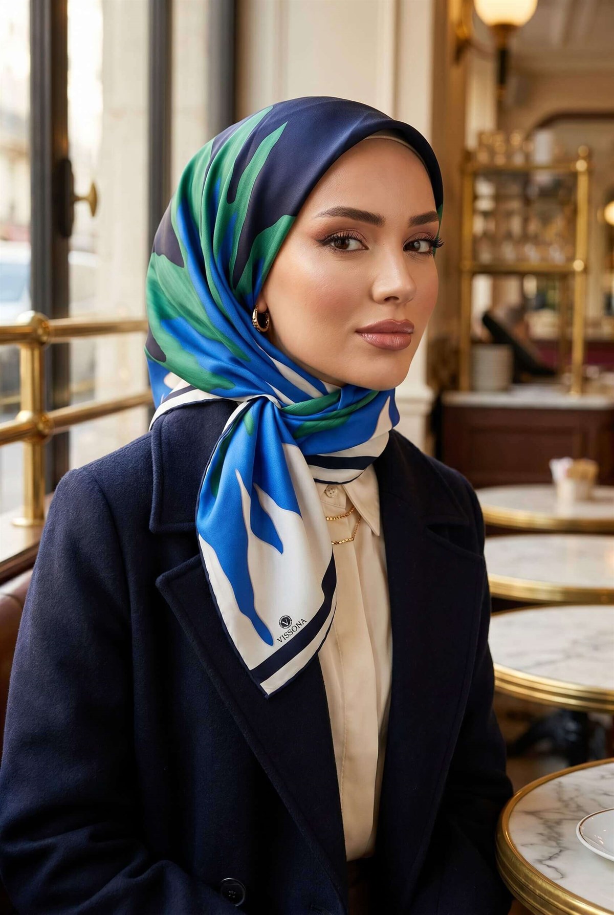 %100 Twill İpek Geometrik Desenli Lacivert - Çam Yeşili Renkli 90x90 Eşarp Dikim Şekli : El Dikişi