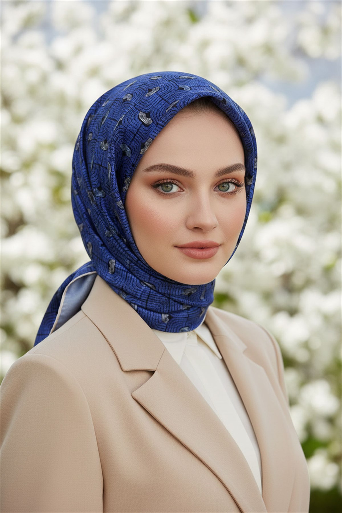 %100 Twill İpek Geometrik Desenli Saks - Siyah Renkli 90x90 Eşarp Dikim Şekli : El Dikişi