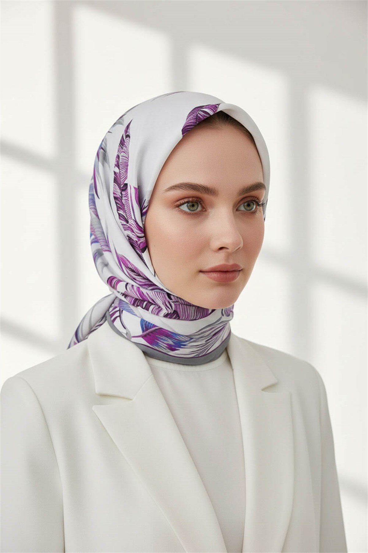 KREP YAPRAK DESENLİ LİLA - GRİ RENKLİ 75X195 KIRIŞMAZ ŞAL