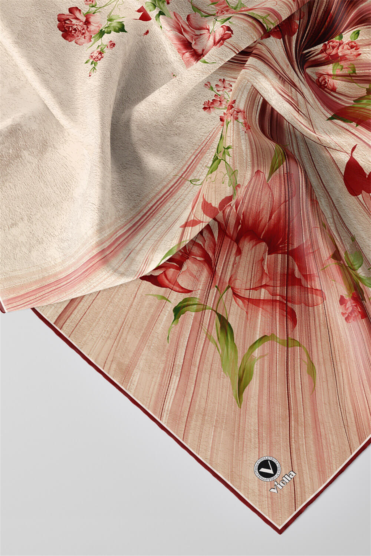 Twill Çiçekli Desenli Bordo Renkli 90x90 Eşarp (İpek İçermez) Kenar Dikiş Şekli El Dikişli
