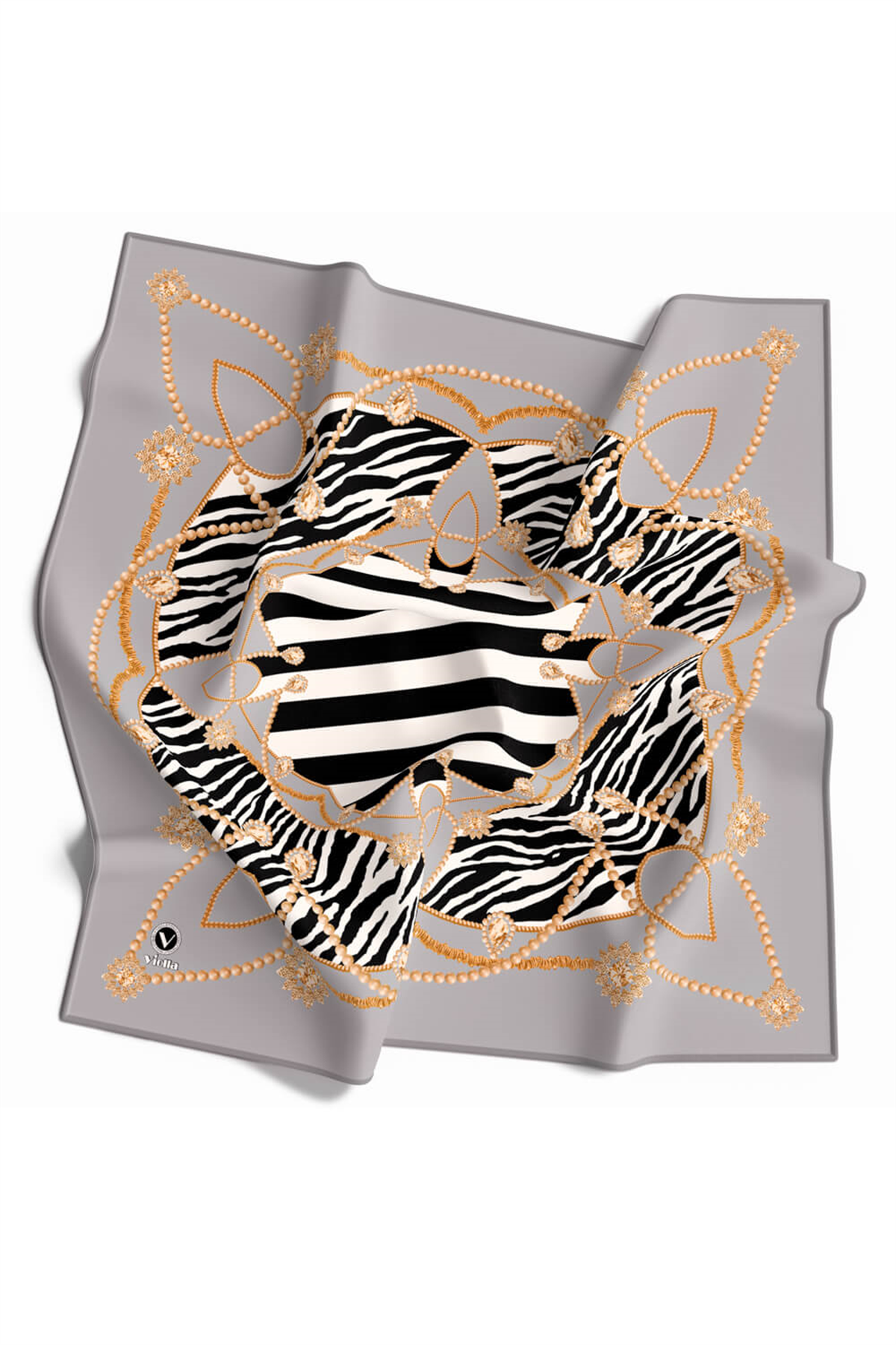 Twill Gold Detaylı Zebra Desenli Gümüş Renkli 90x90 Eşarp (İpek İçermez) Kenar Dikiş Şekli El Dikişli