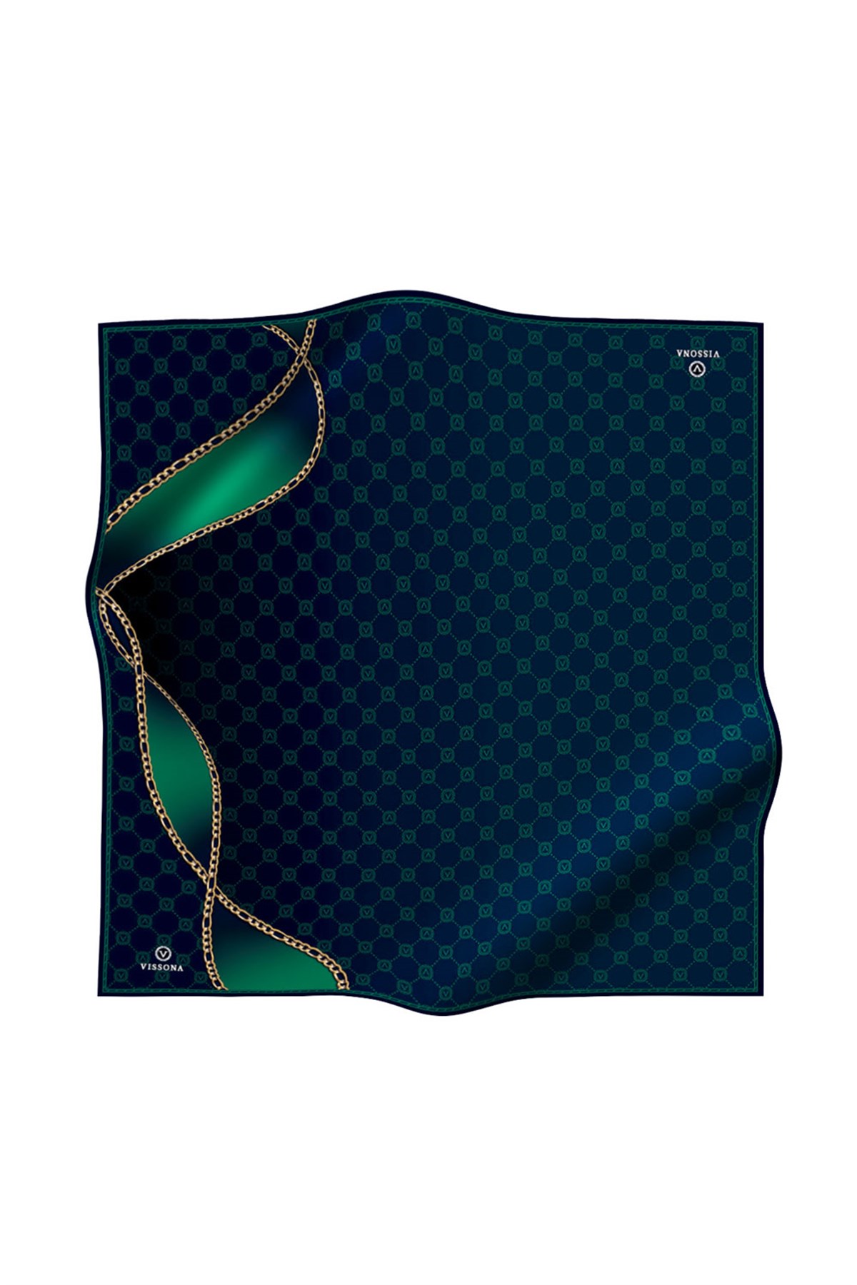 % 57 İPEK % 43 VİSKON Twill İpek Zincirli Ve Monogram Desenli Lacivert - Zümrüt Yeşili Renkli 90x90 Eşarp Dikim Şekli : El Dikişi