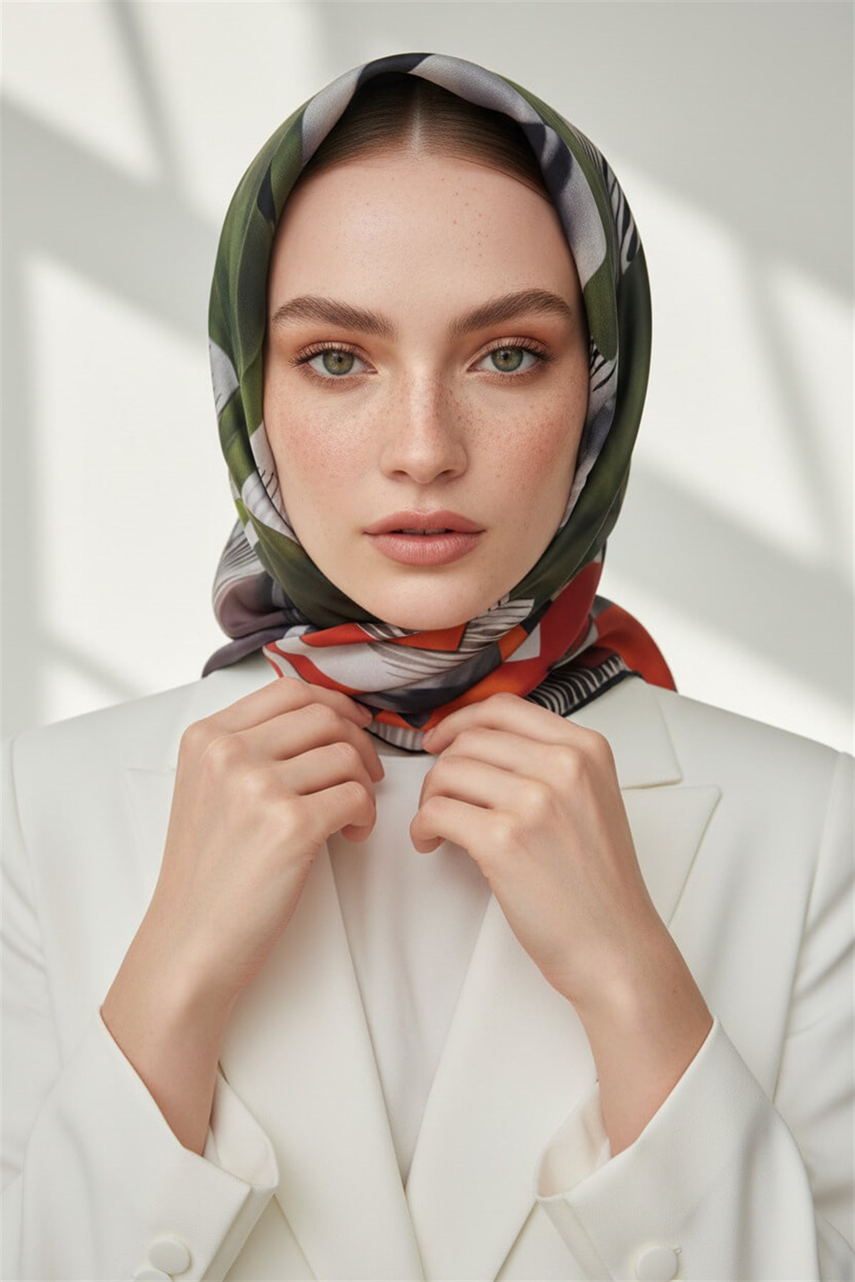 %100 Twill İpek Geometrik Desenli Turuncu - Zümrüt Yeşili Kabuğu Renkli 90x90 Eşarp Dikim Şekli : El Dikişi