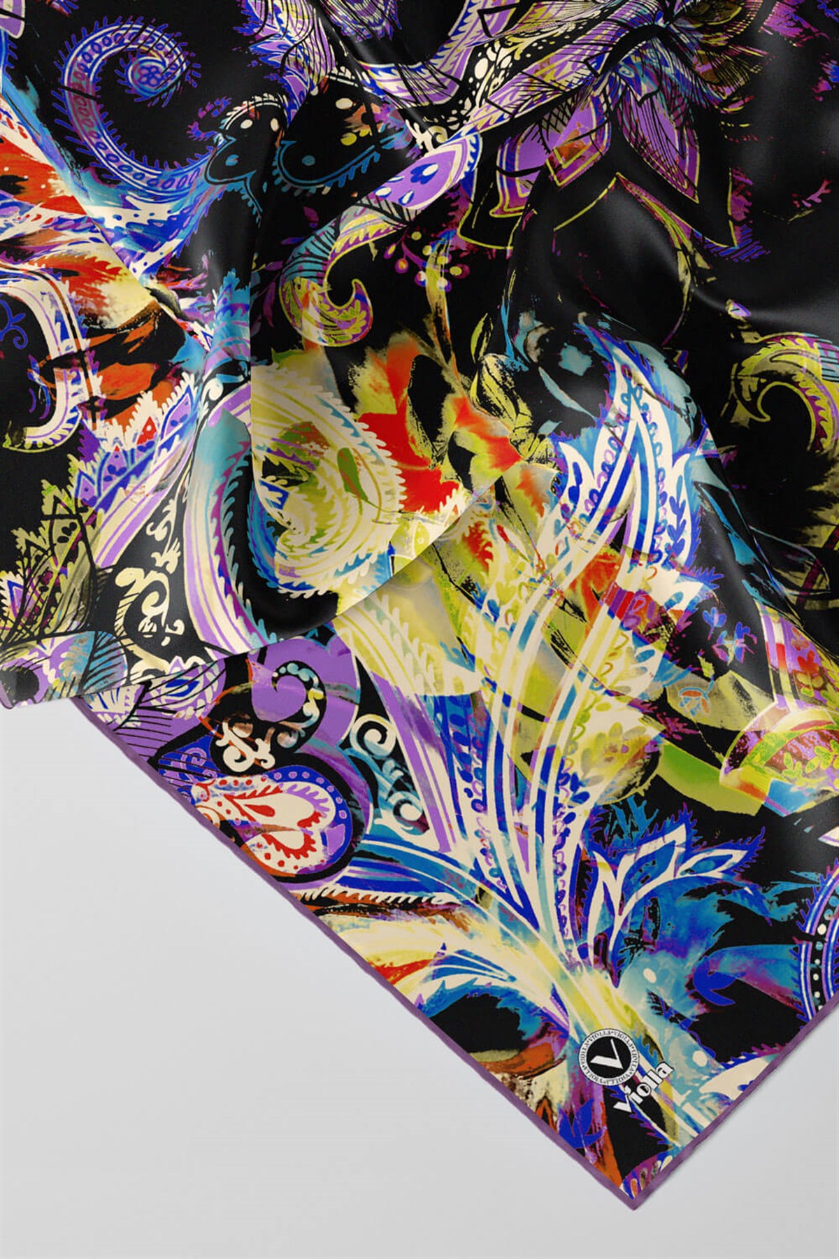 Twill Şal Desenli Lila Renkli 90x90 Eşarp (İpek İçermez) Kenar Dikiş Şekli El Dikişli
