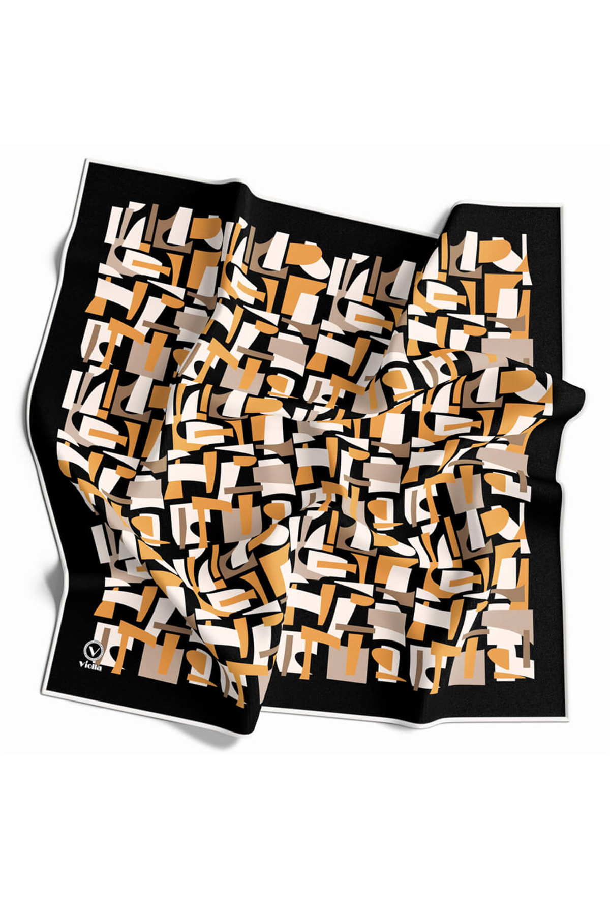 Twill Geometrik Desenli Hardal - Bej Renkli 90x90 Eşarp (İpek İçermez) Dikim Şekli : El Dikişi