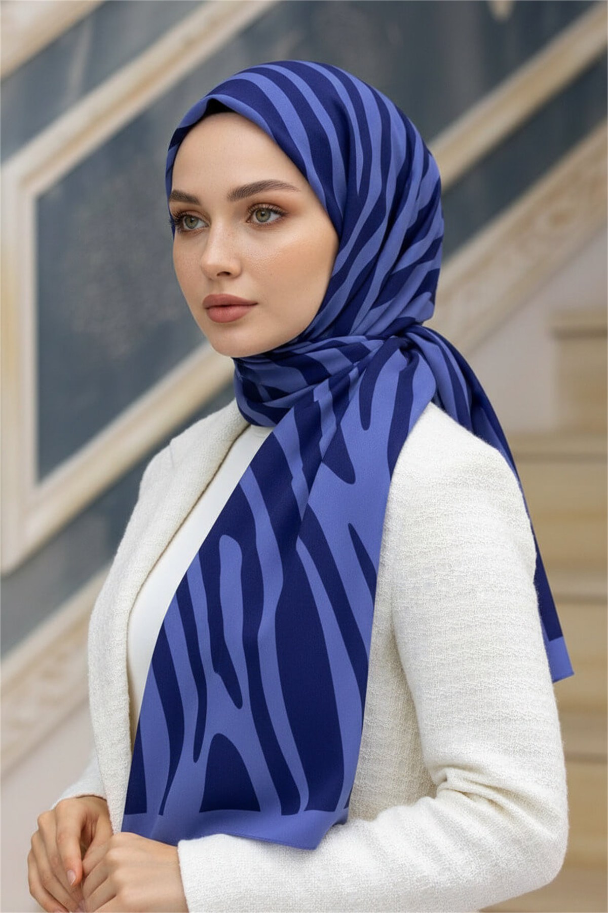 Kırışmaz Krep Şal Zebra Desenli İndigo 75x190 cm – Kolay Şekil Alan