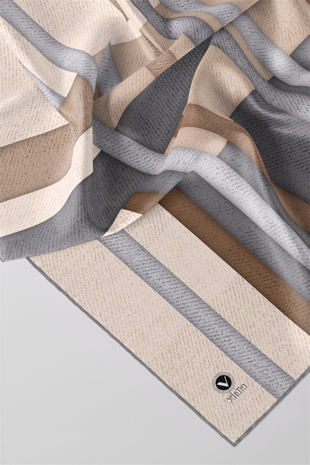 Twill Renkli Şerit Desenli Gri Renkli 90x90 Eşarp (İpek İçermez) Kenar Dikiş Şekli El Dikişli