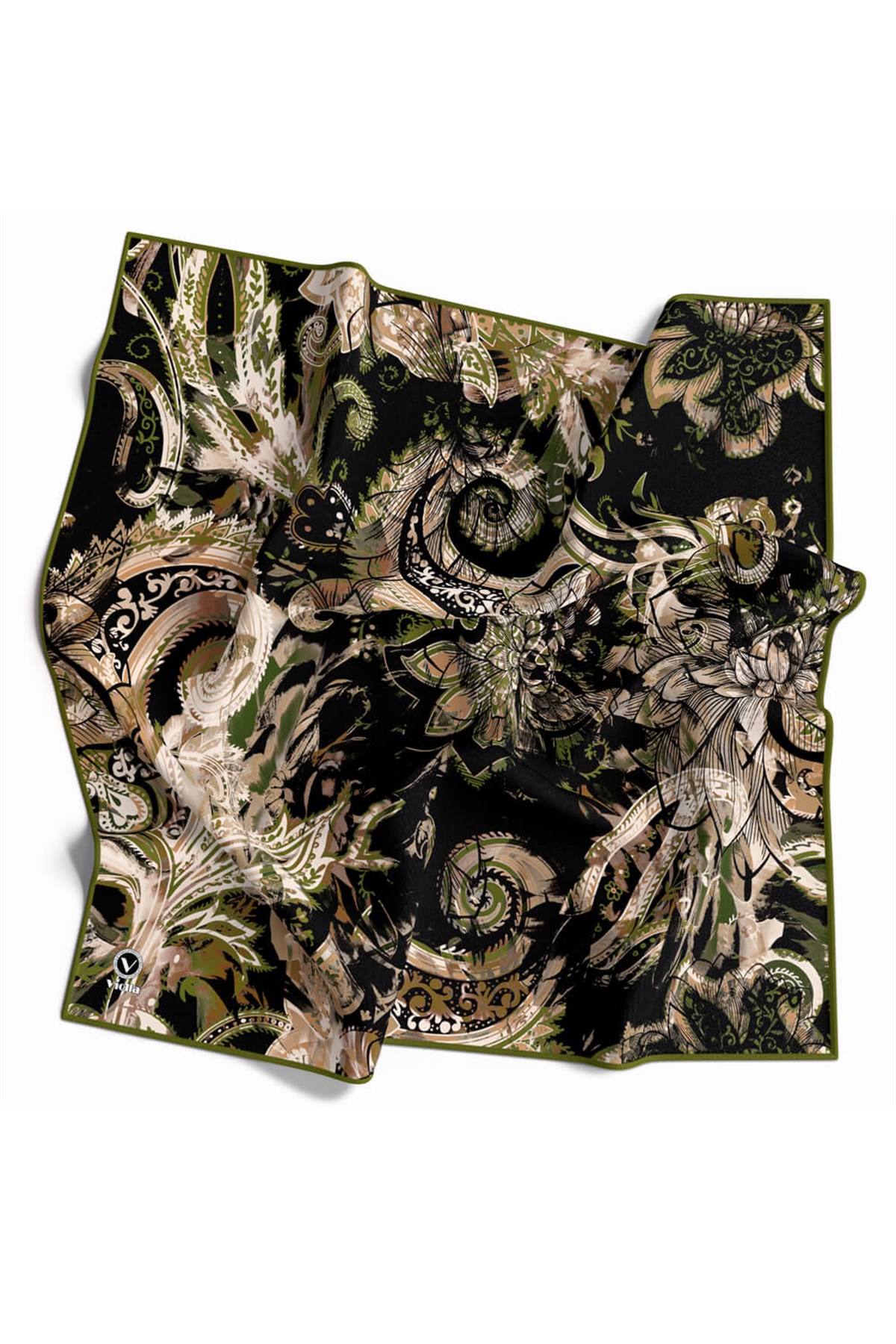 Twill Şal Desenli Haki Renkli 90x90 Eşarp (İpek İçermez) Kenar Dikiş Şekli El Dikişli