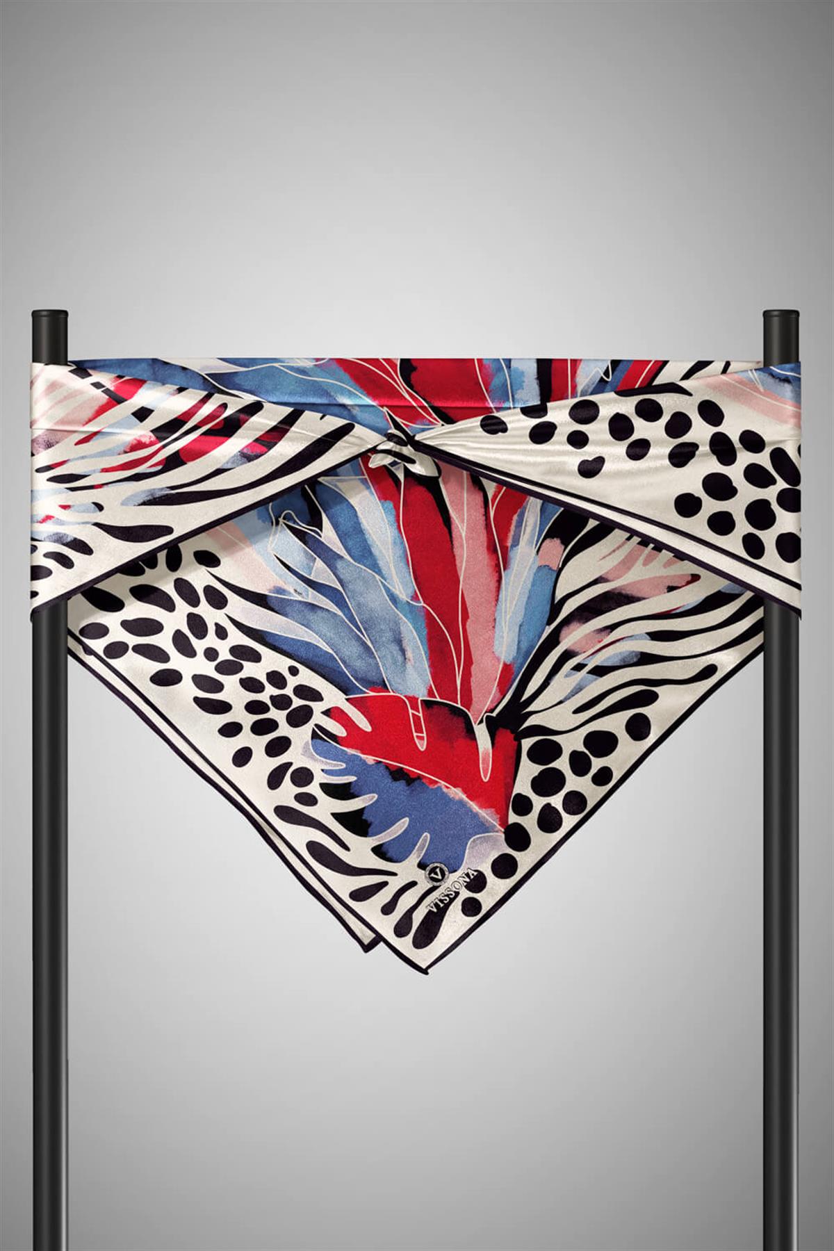 %100 Twill İpek Amazon Desenli Kırmızı- İndigo Renkli 90x90 Eşarp Kenar Dikiş Şekli El Dikişli