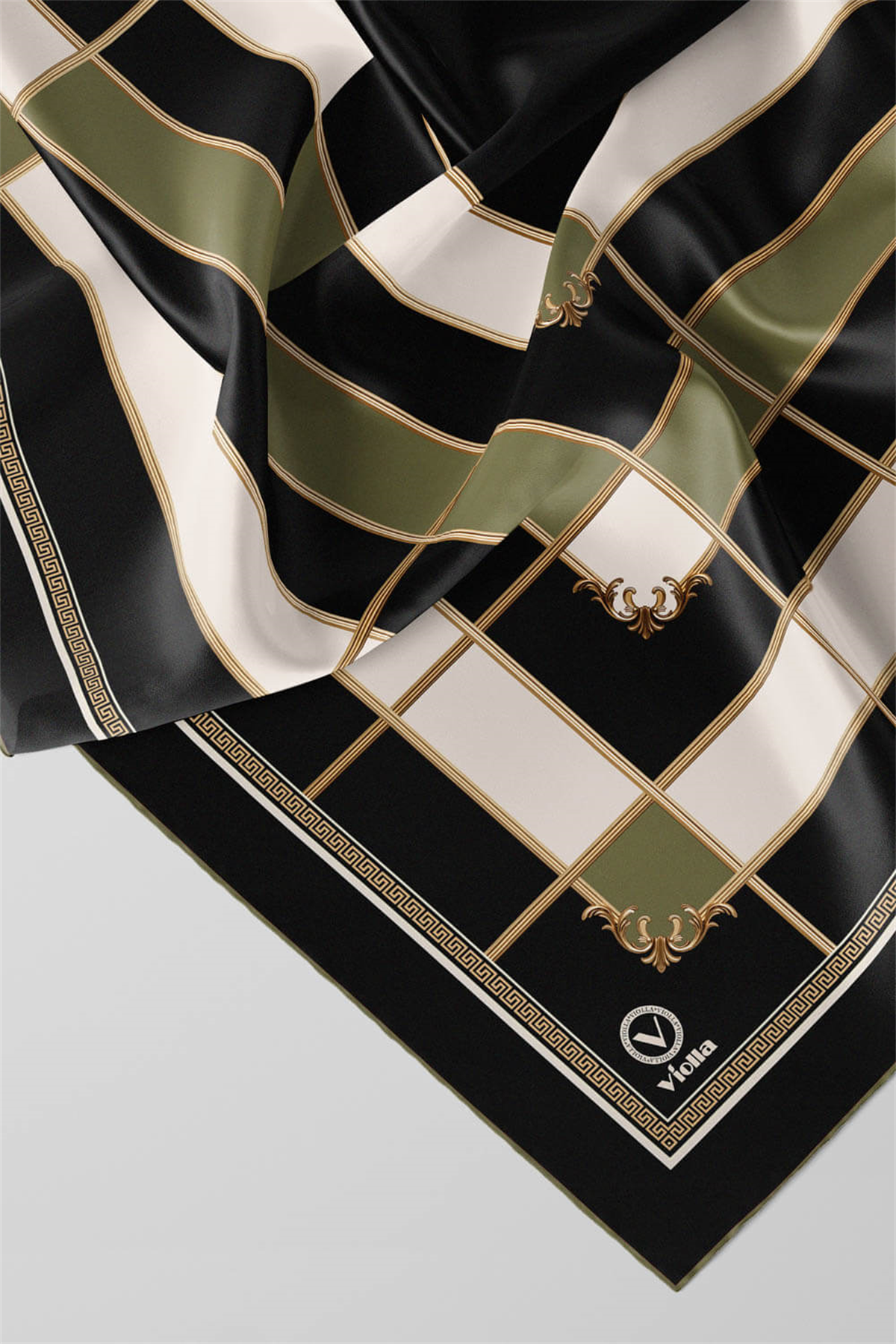 Twill Gold Detaylı Kareli Desenli Haki Renkli 90x90 Eşarp (İpek İçermez) Kenar Dikiş Şekli El Dikişli