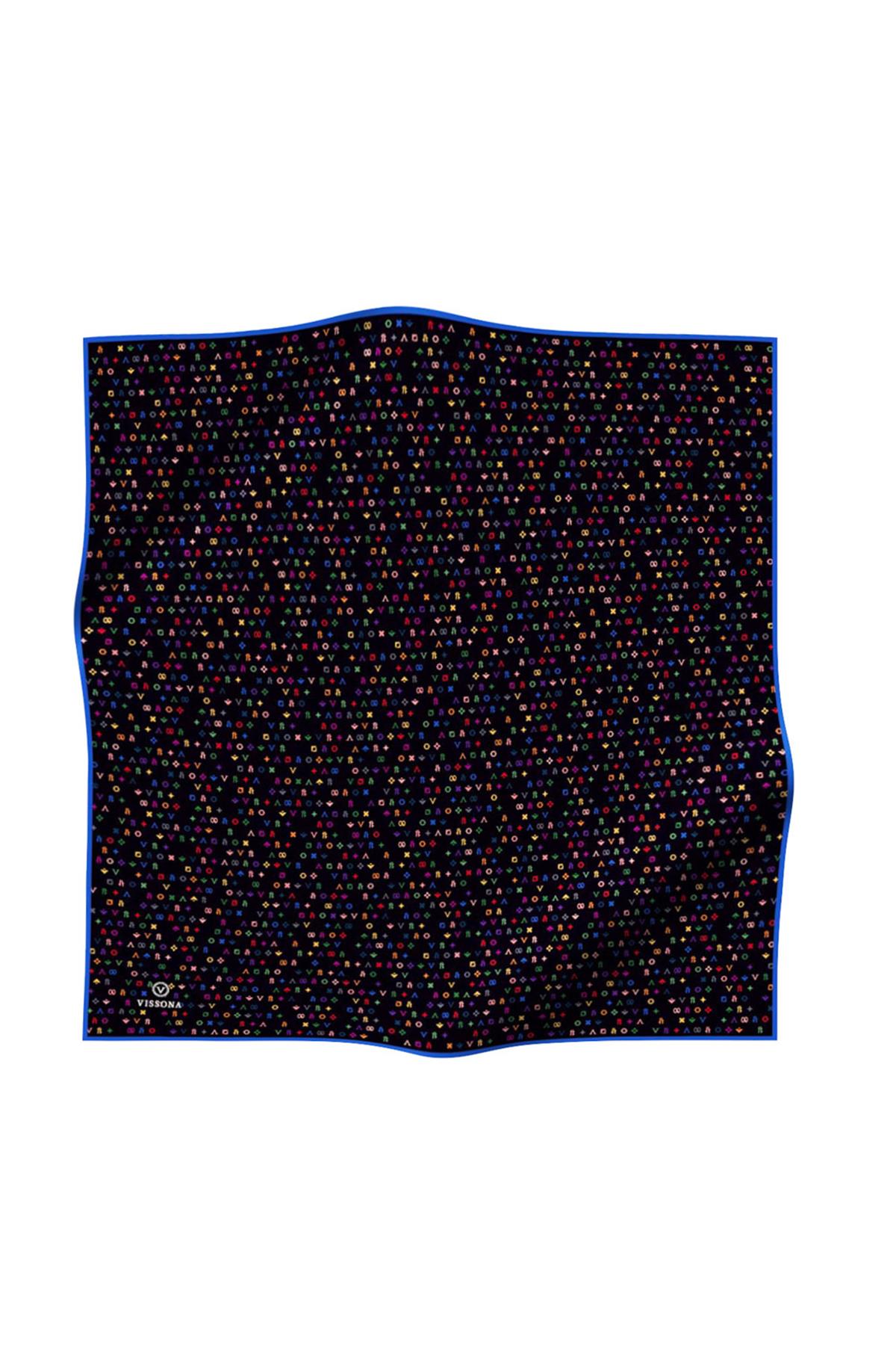 %100 Twill İpek Çıtır Motif Desenli Siyah - Saks Renkli 90x90 Eşarp Dikim Şekli : El Dikişi