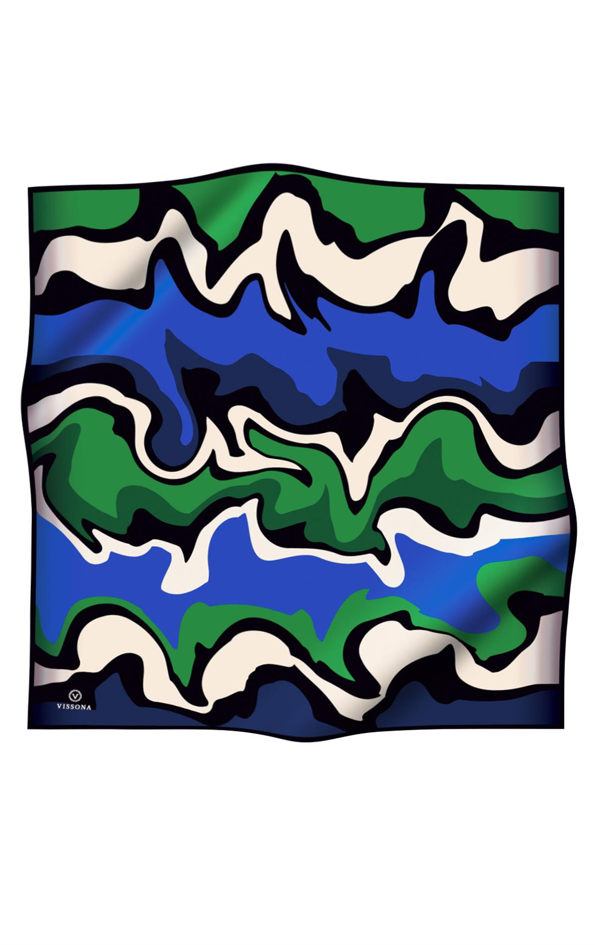 100% Twill İpek Dalga Desenli Saks - Zümrüt Yeşili Renkli 90x90 Dikim Şekli : El Dikişi Eşarp