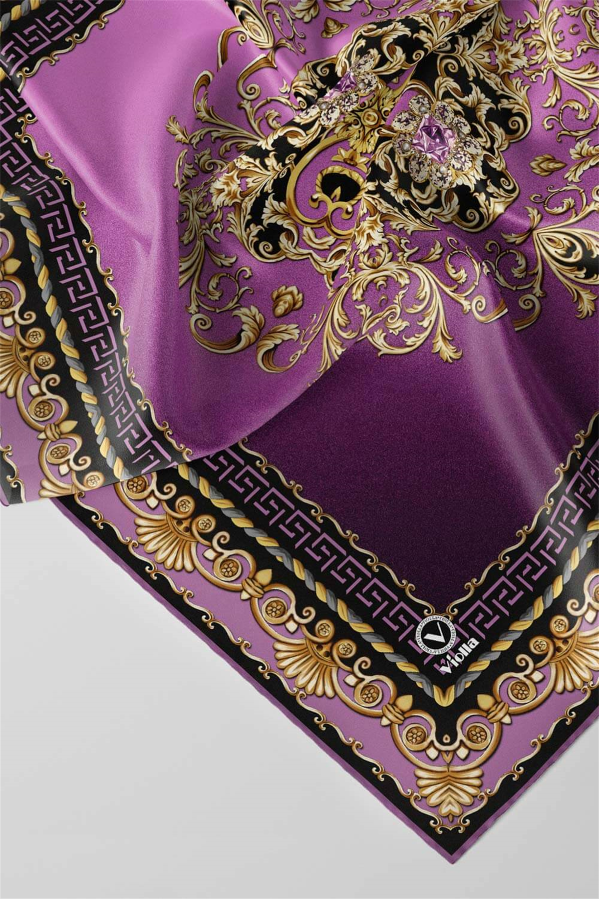 Twill Barok Desenli Lila Renkli 90x90 Eşarp (İpek İçermez) Dikim Şekli : El Dikişi