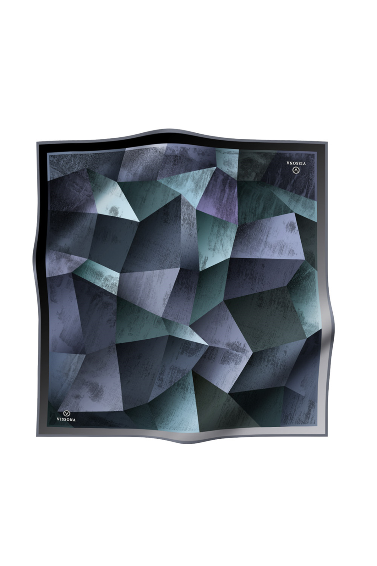 % 57 İPEK % 43 VİSKON Twill İpek Geometrik Desenli Cam Göbeği - Gri Renkli 90x90 Eşarp Dikim Şekli : El Dikişi