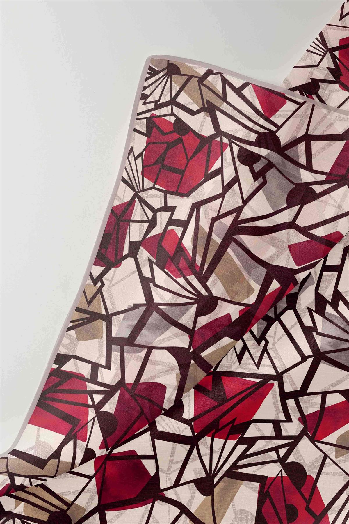 %100 Twill Renkli Petek Desenli Bej - Kırmızı Renkli 90x90 Eşarp Dikim Şekli: El Dikişii