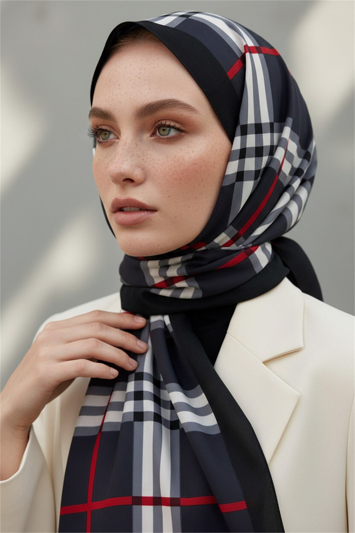 Krep Şal 75x195 Füme Ekose Desenli Kırışmaz Kadın Şal