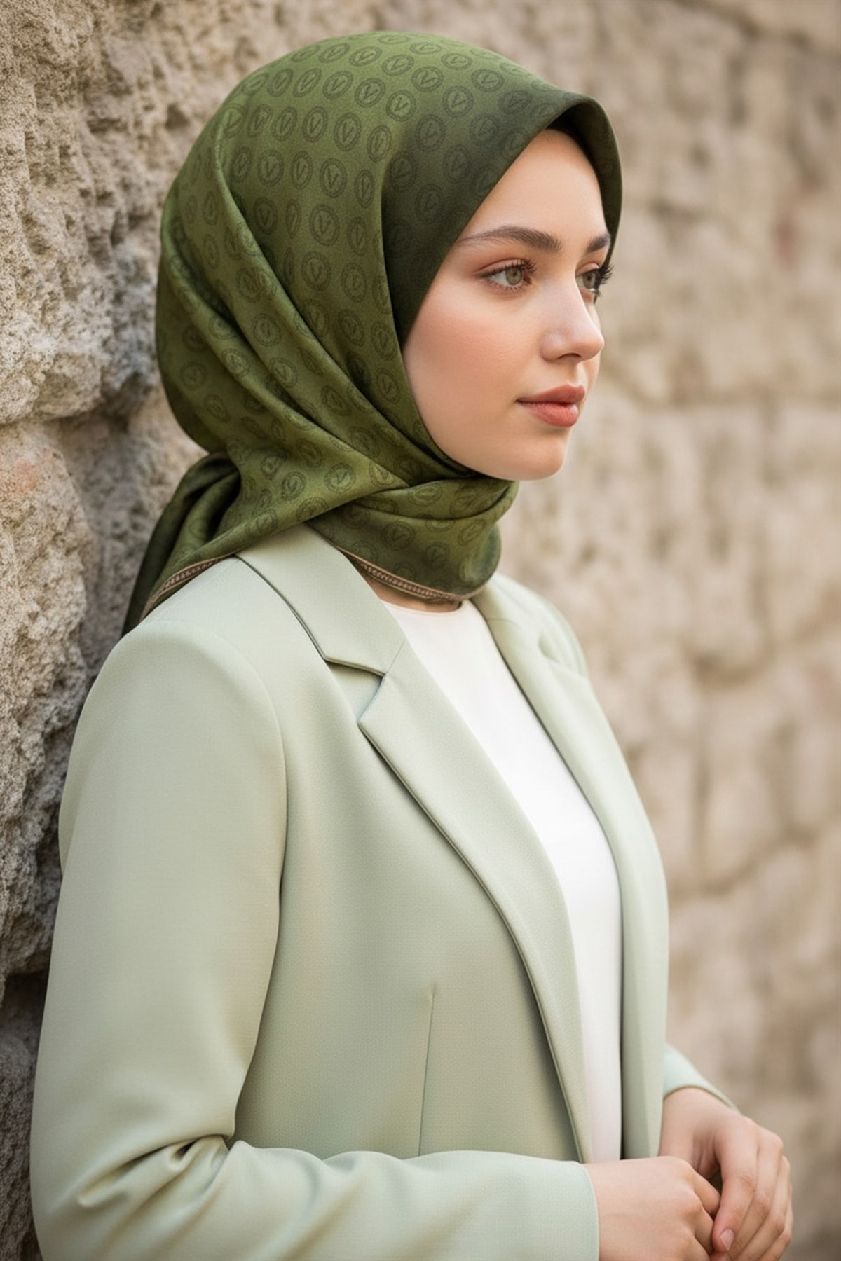 %100 Twill İpek Monogram Desenli Haki  Renkli 90x90 Eşarp Dikim Şekli : El Dikişi