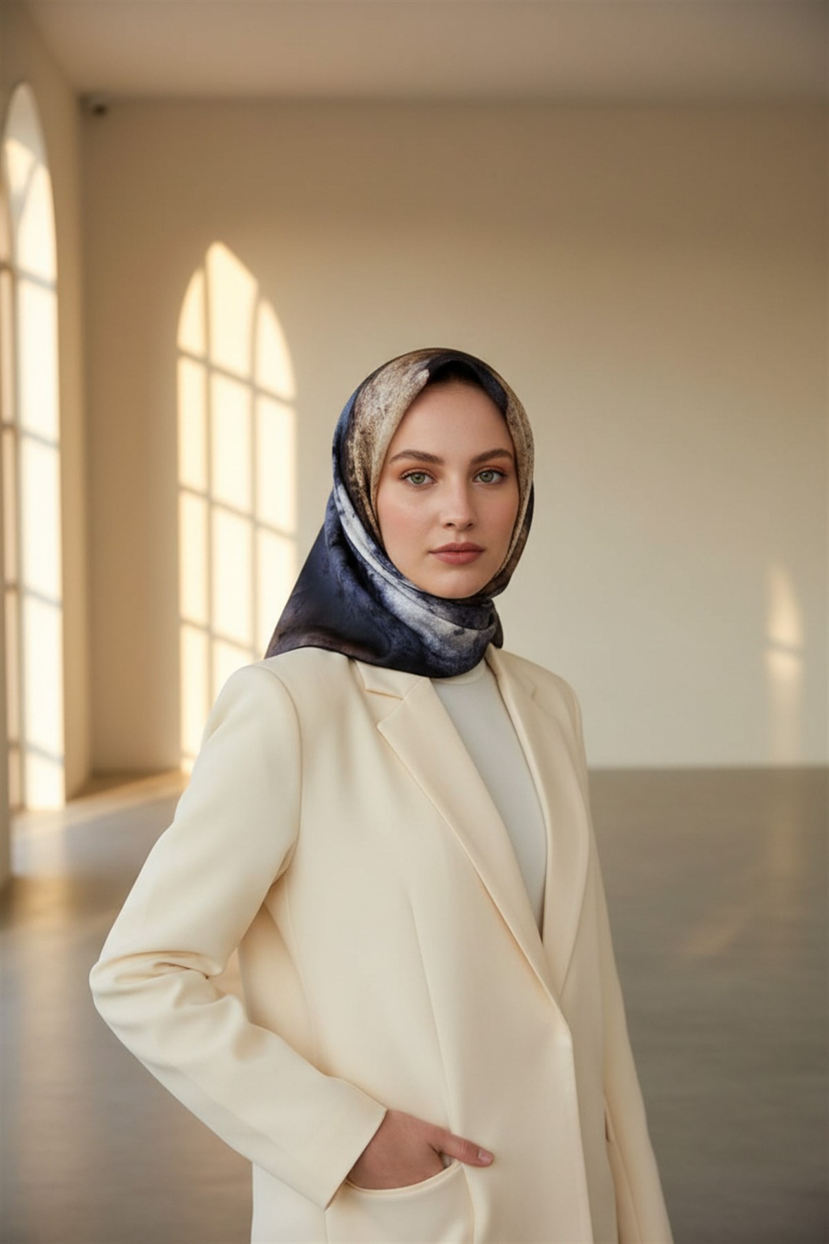 % 57 İPEK % 43 VİSKON Twill İpek Dokulu Ve Geometrik Desenli Bej - Gri Renkli 90x90 Eşarp Dikim Şekli : El Dikişi